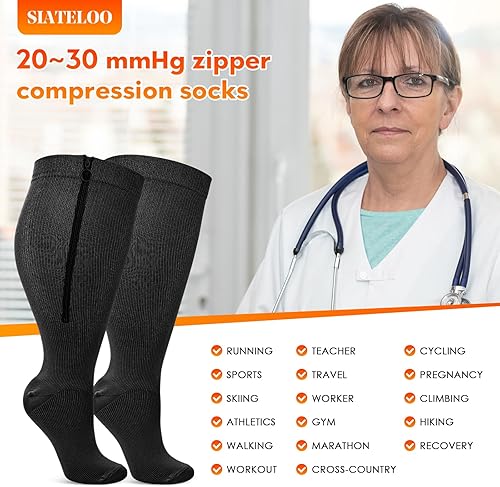 Miniatura 3 de Calcetines de compresión patentados con cremallera para mujer, pantorrilla ancha, talla grande, 2 pares de medias de dominio de 20  30 mmHg para