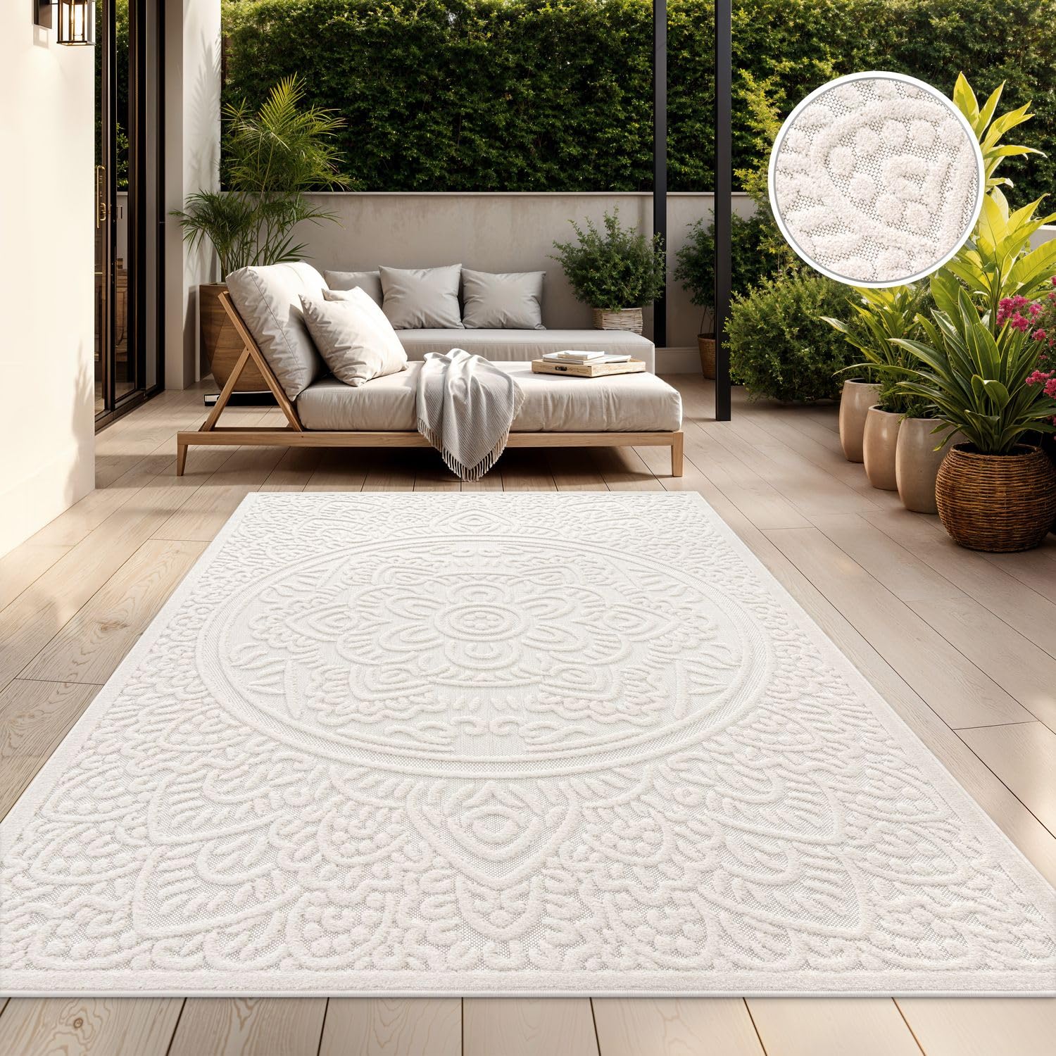TT Home Tappeto Per Interni Ed Esterni Resistente Alle Intemperie Balcone Camera Da Letto Motivo Scandi Boho Unicolore Aspetto, Colore:Crema 3, Dimensione:200x290 cm