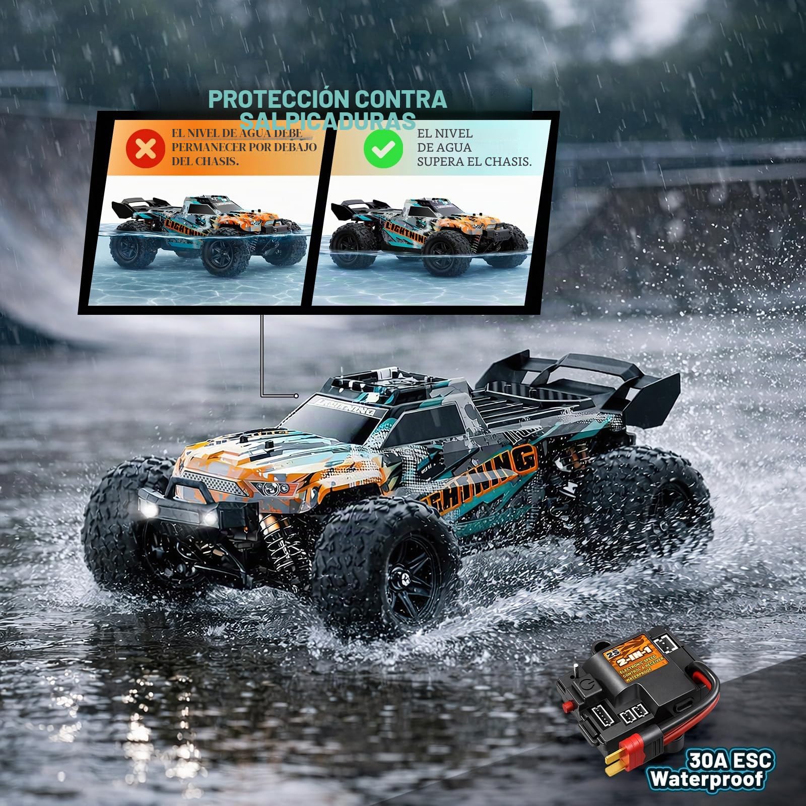 Coche Teledirigido 1:18 4WD 40 km/h Todoterreno 4x4, Coche Radiocontrol con 2 Baterías 7.4V 1300mAh, ESC Impermeable 2.4GHz, Doble Carrocería, Transmisión Metálica para Niños y Adultos