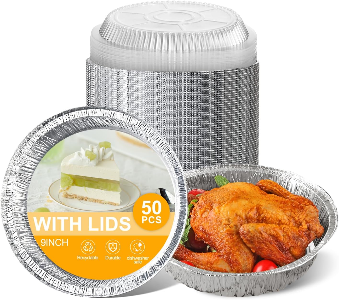 (50 Pack) Round Aluminum Foil Pans with Lids Premium 9