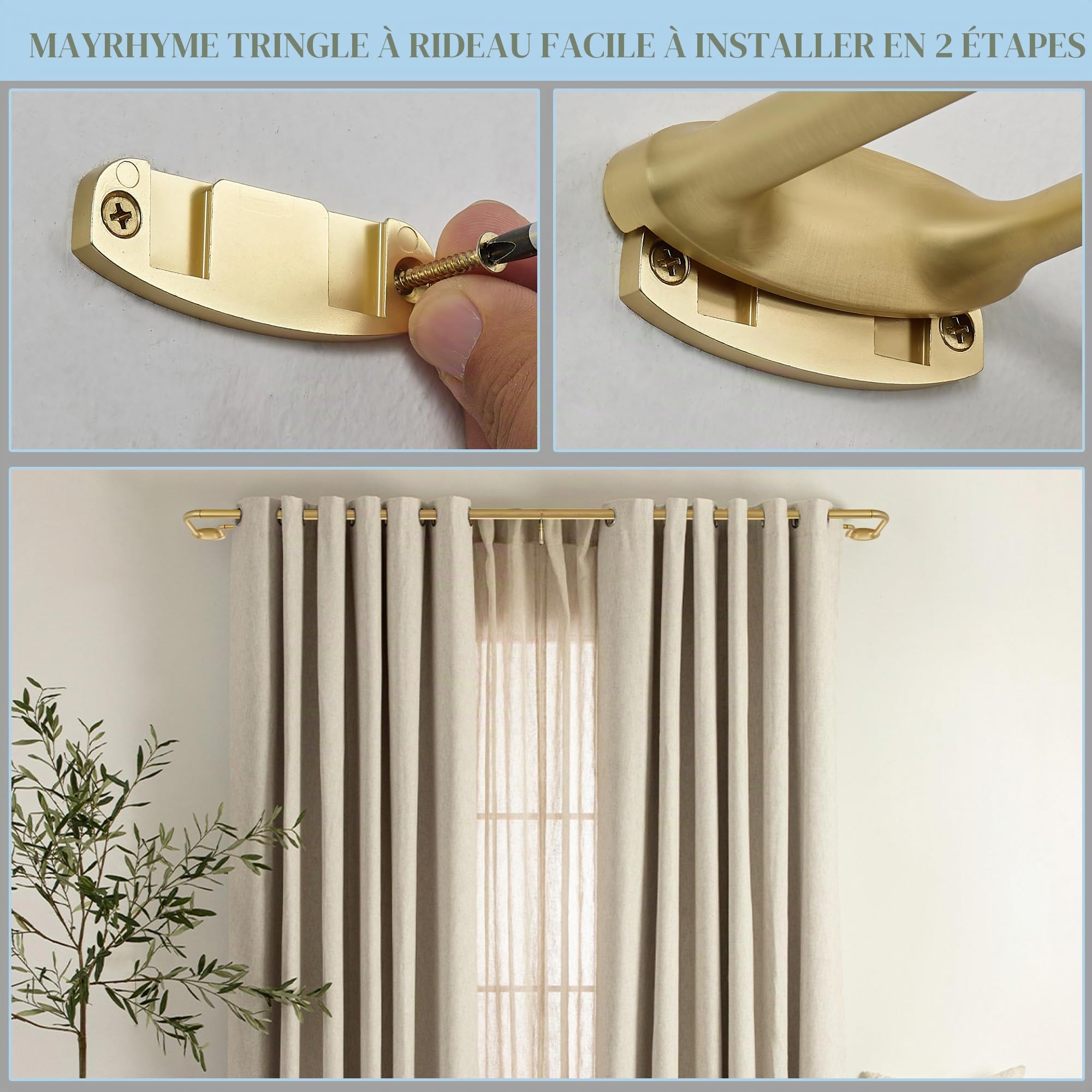 Tringle à rideaux double réglable pour fenêtres, épissure interne de 2,5 cm avant et 1,6 cm arrière avec embouts et supports en aluminium (laiton, 71,1 à 304,8 cm)