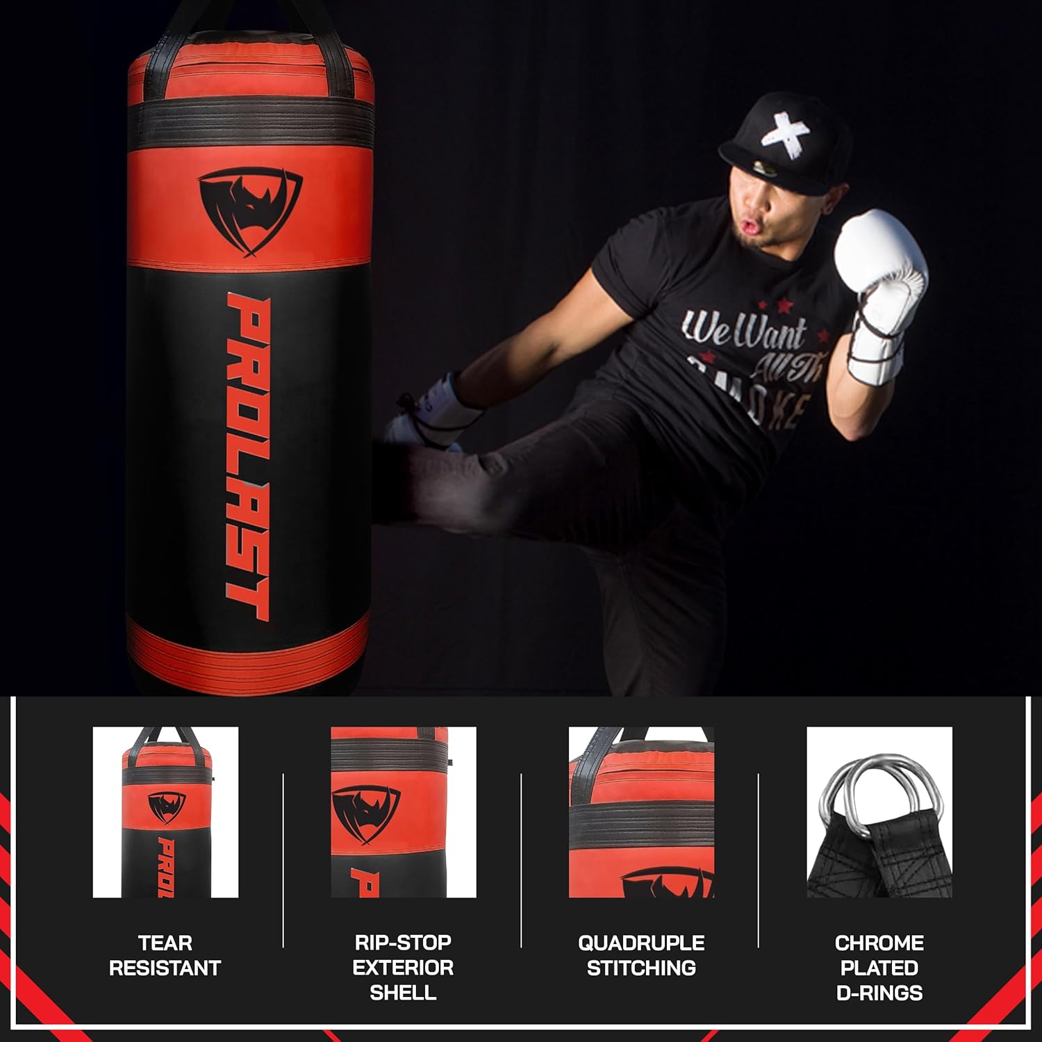 PROLAST 4Ft XL 135Lb Heavy Punching Kicking Bag for Adults, Boxing, MMA, Martial Arts, Muay Thai, Strength Training Equipment, Special Edition Rhino Logo
