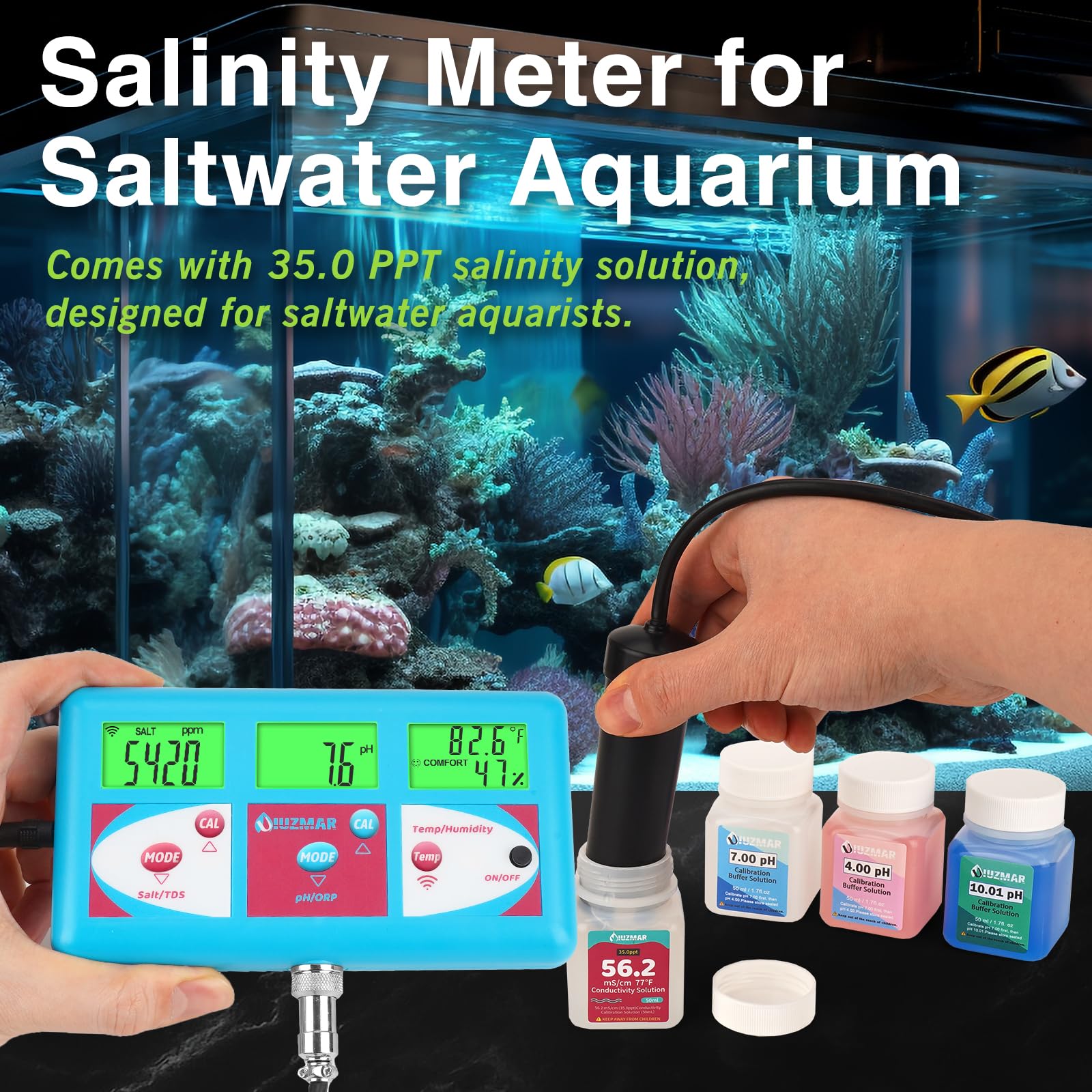 UIUZMAR Moniteur de salinité de pH continu pour aquarium, testeur numérique de salinité pour aquarium d'eau salée, testeur de sel de pH numérique PPM pour réservoir de récif, testeur 6 en 1, pour