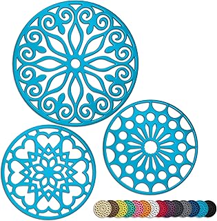 3 Set Silicone Trivet Mats with 1 Extra Large Included | Intricately Carved Insulated Flexible Durable Non Slip Thick Round Premium Trivets for Hot pots and Pans | Light Blue