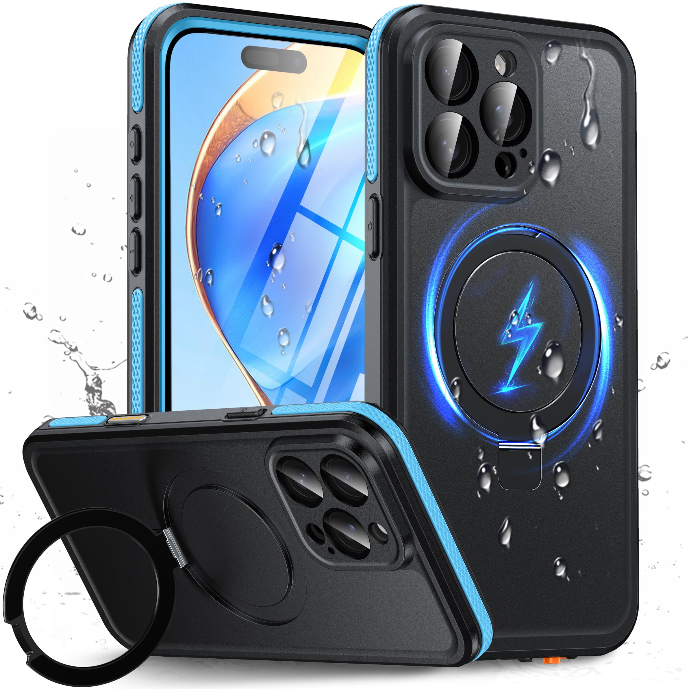 Oterkin Magnetic Stand for iPhone 15 Pro Max Case Waterproof IP68, Blue | Fit for Magsafe, Built-in Lens & Screen Protector, Invisible Kickstand, 360°