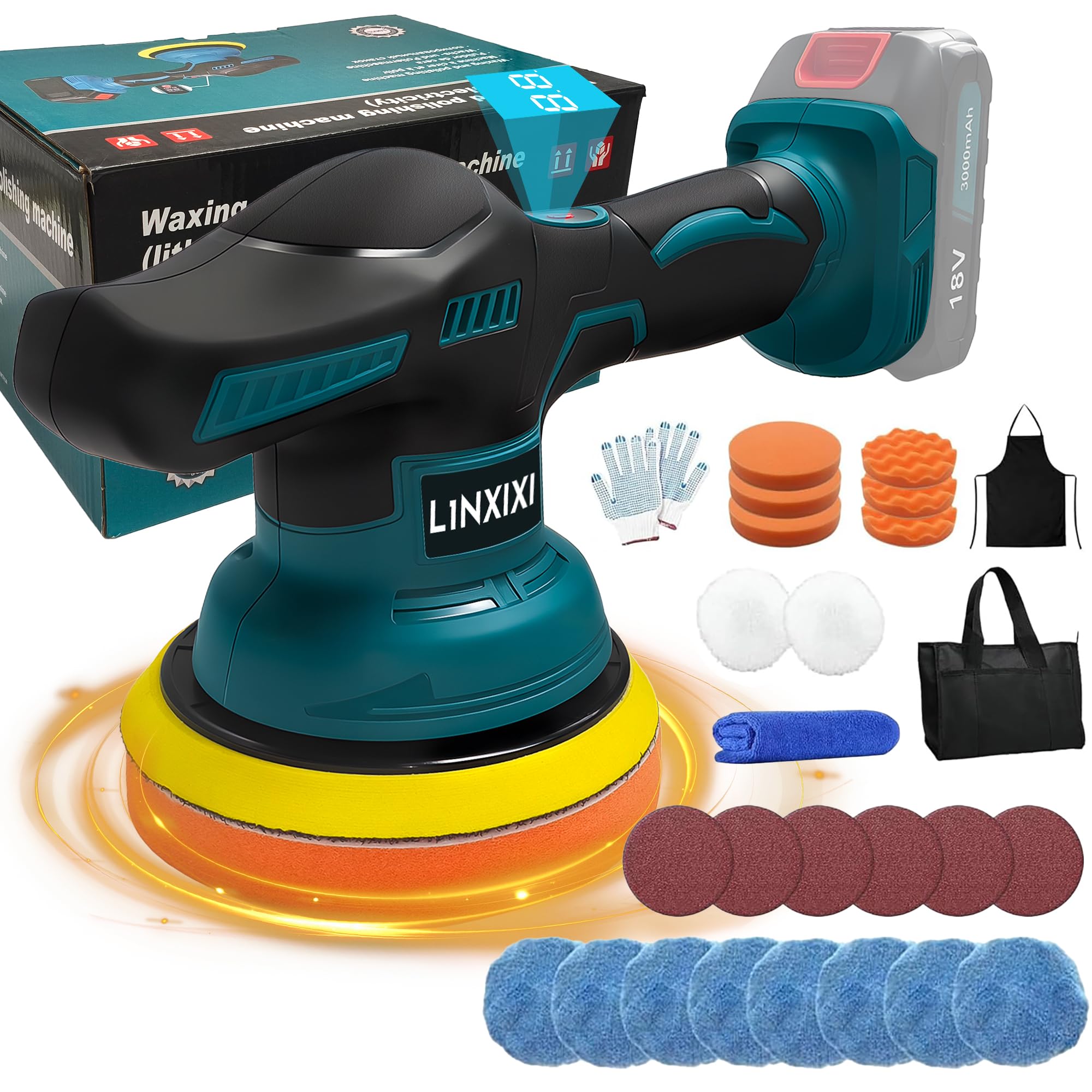 L1NXIXI Poliermaschine Auto für Makita 18V-Akku, 6 Zoll Orbital Auto Politur mit 8 Variablen Geschwindigkeiten,27pcs Auto poliermaschinen Set, für Polieren/Wachsen/Autodetaillierung (ohne Akku)