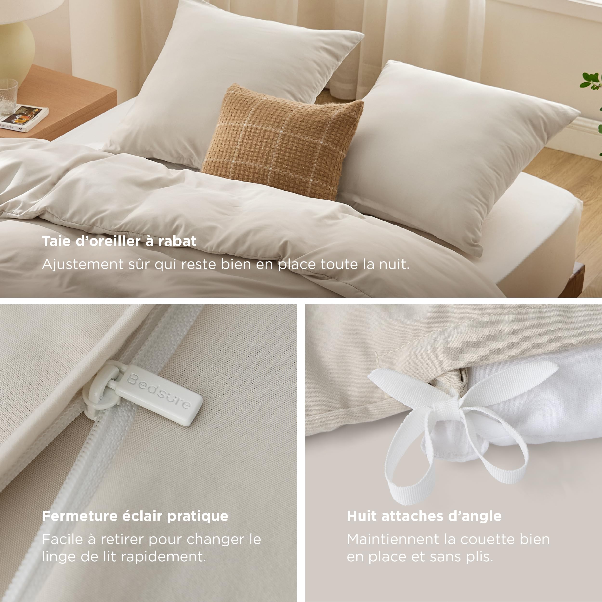 BEDSURE Juego de ropa de cama 240x220 de lino 3 piezas - 1 funda de edredón 240x220 cm + 2 fundas de almohada 65x65 cm, juego de ropa de cama de poliéster beige de microfibra con cremallera OEKO-TEX