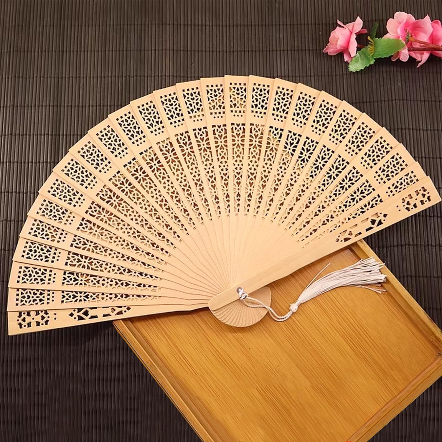 50 PCS Exquisite Sandalwood Fan, 8 Inch Tassels Wooden Folding Hand Fans with Organza Bags - Handheld Decorative Fans for Women, Foldable Wooden Hand Fans for Events, Wedding and Party