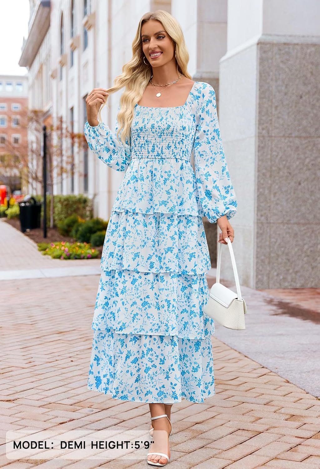 MEROKEETY Women's Summer Fall Long Sleeve Ruffle Tiered Dress 2025 Flowy Layered Square Neck Smocked Maxi Dresses - Image 5