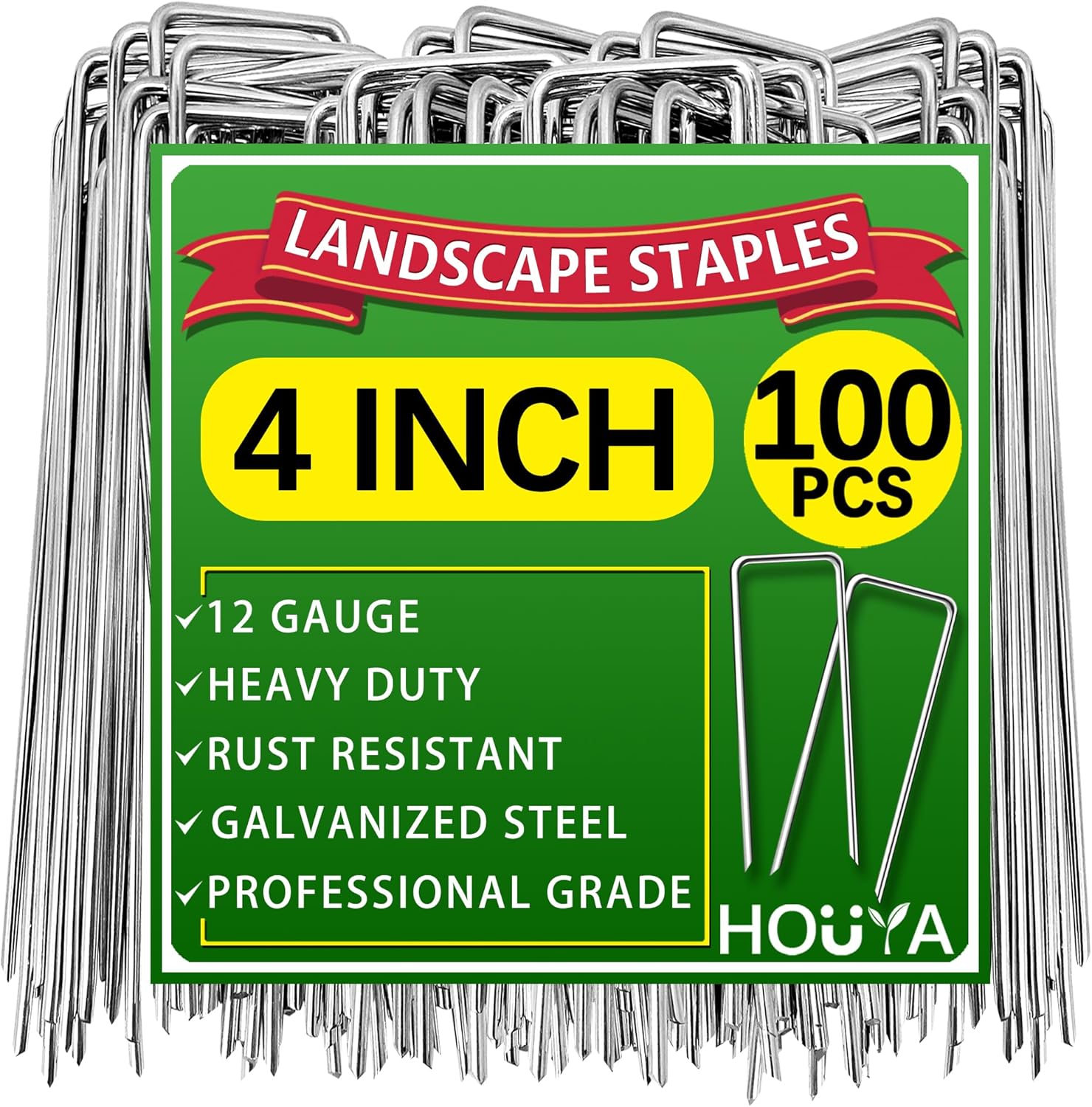 HOUYA 100 Pack Landscape Staples 4 Inch 12 Gauge Garden