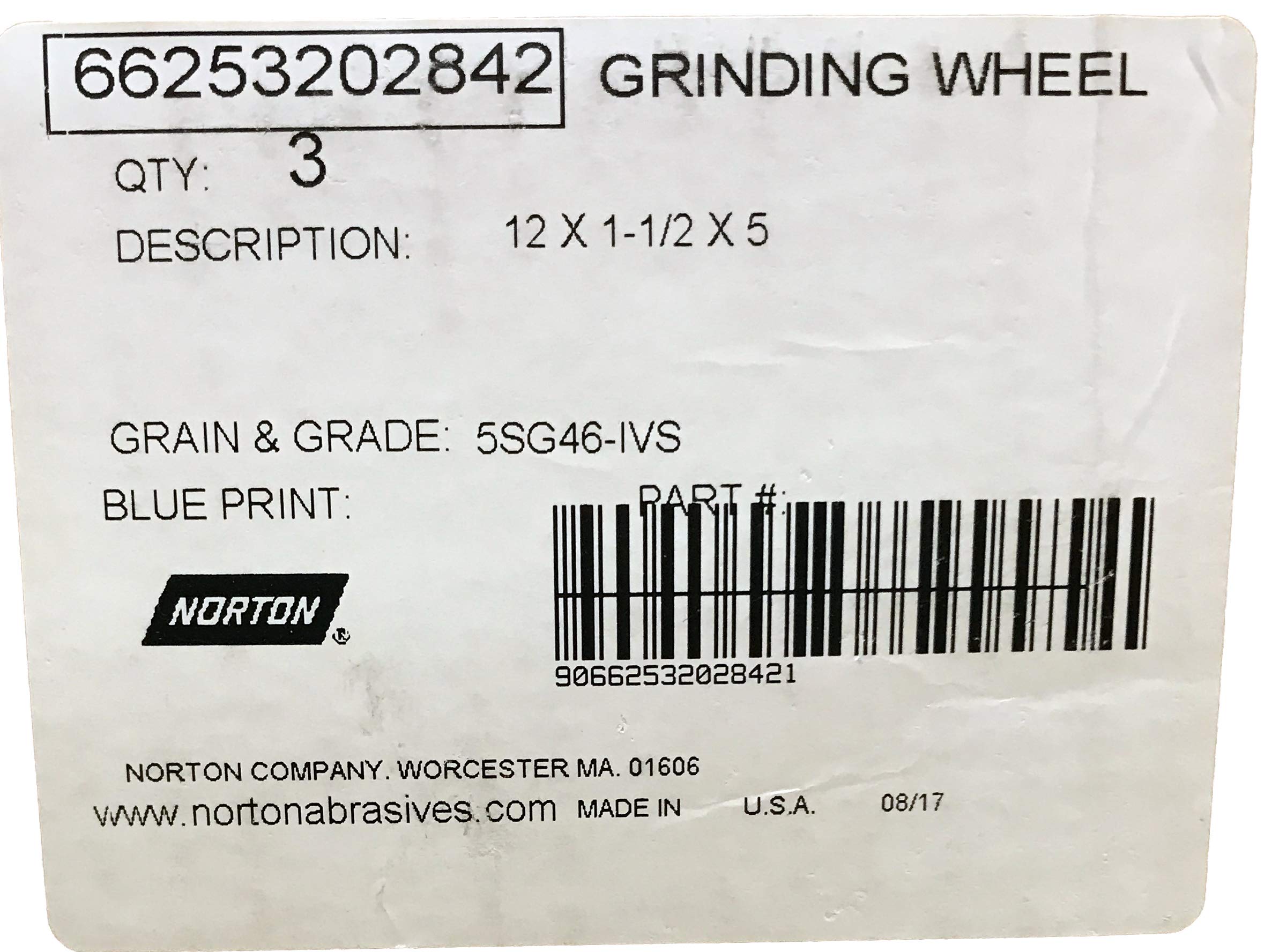 Norton 12 Inch Diameter Type T-1 Vitrified Straight Grinding Wheel, 5 Inch Arbor, 1-1/2 Inch Thick, I Hardness, 46 Grit, 5SG Grain Structure