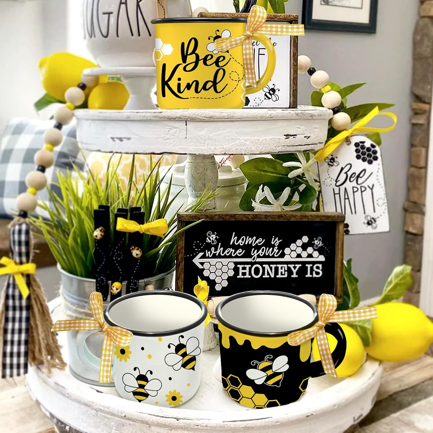 Bumble Bee Themed Spring Summer Mini Coffee Mug Set of 3, Bee Kind Honey Beehive 5 oz Mini Coffee Cups Tiered Tray Decor, Inspirational Kitchen Coffee Bar Decorations Housewarming Gift