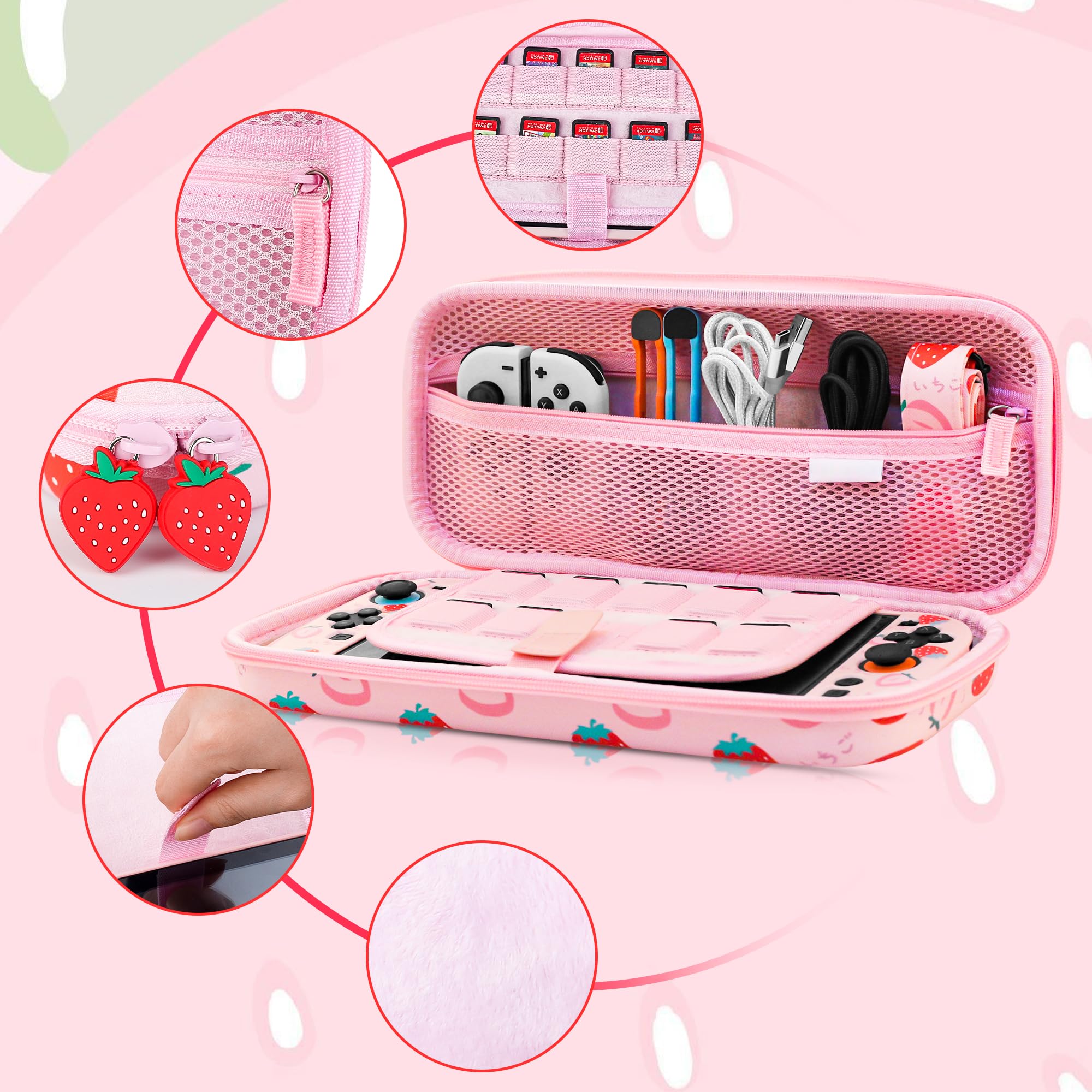 FANPL Bonita funda de transporte para Nintendo Switch 2, funda protectora con funda de viaje, carcasa dura, correa de hombro ajustable, agarres para el pulgar, protector de pantalla (fresa rosa)