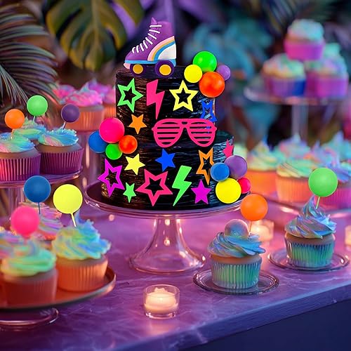 Miniatura 6 de Juego de 28 adornos para tartas de bolas brillantes de los años 80 y 90 con patines de estrellas, gafas y decoración de relámpagos, adornos retro