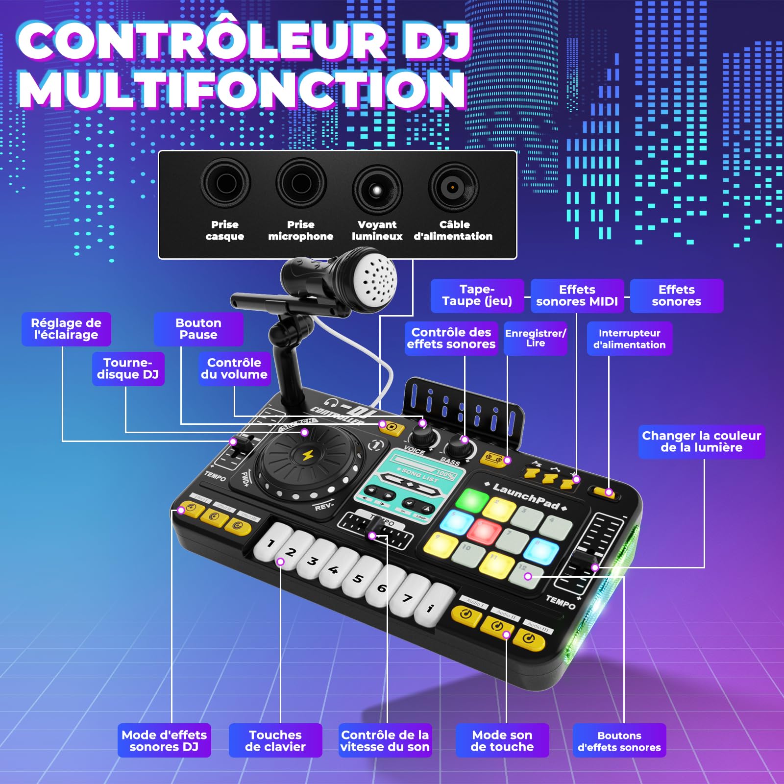 Table de mixage DJ - Pupitre pour enfants de 3 à 10 ans - Contrôleur DJ - Instruments de musique avec microphone - 100 effets sonores - Batterie - Cadeau pour débutants - Garçon et fille - 3, 5, 6, 7