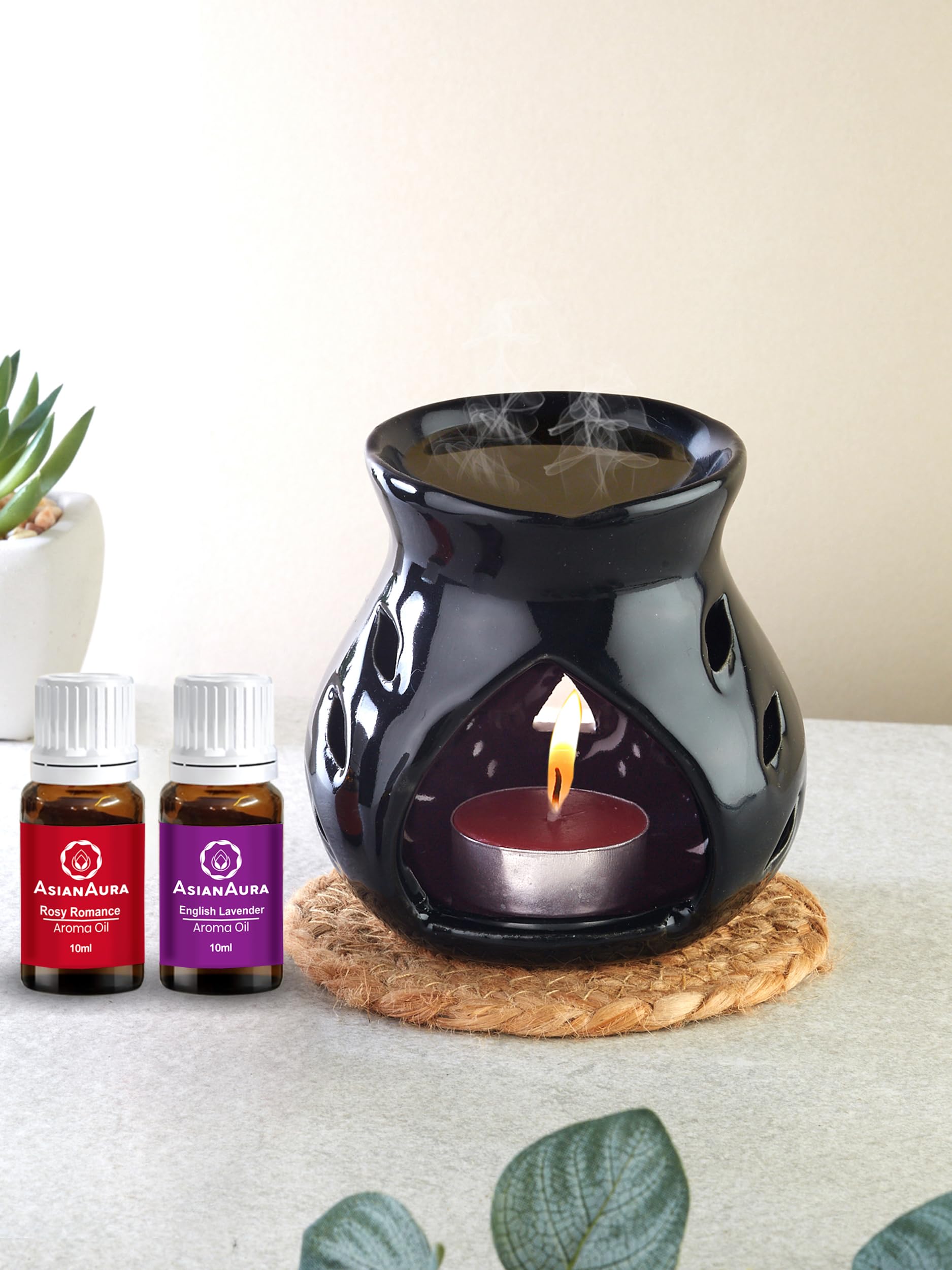 Asian Aura Candle Diffuser Oil Burner with 2 Aroma Oils, 10 ml Each Fragrance- English Lavender & Rosy Romance| 1Tea Light Candle| Aromatherapy, Meditation| for Home/Office/Gifting| Black Diffuser (B08DDGZCY6) Amazon Price History, Amazon Price Tracker