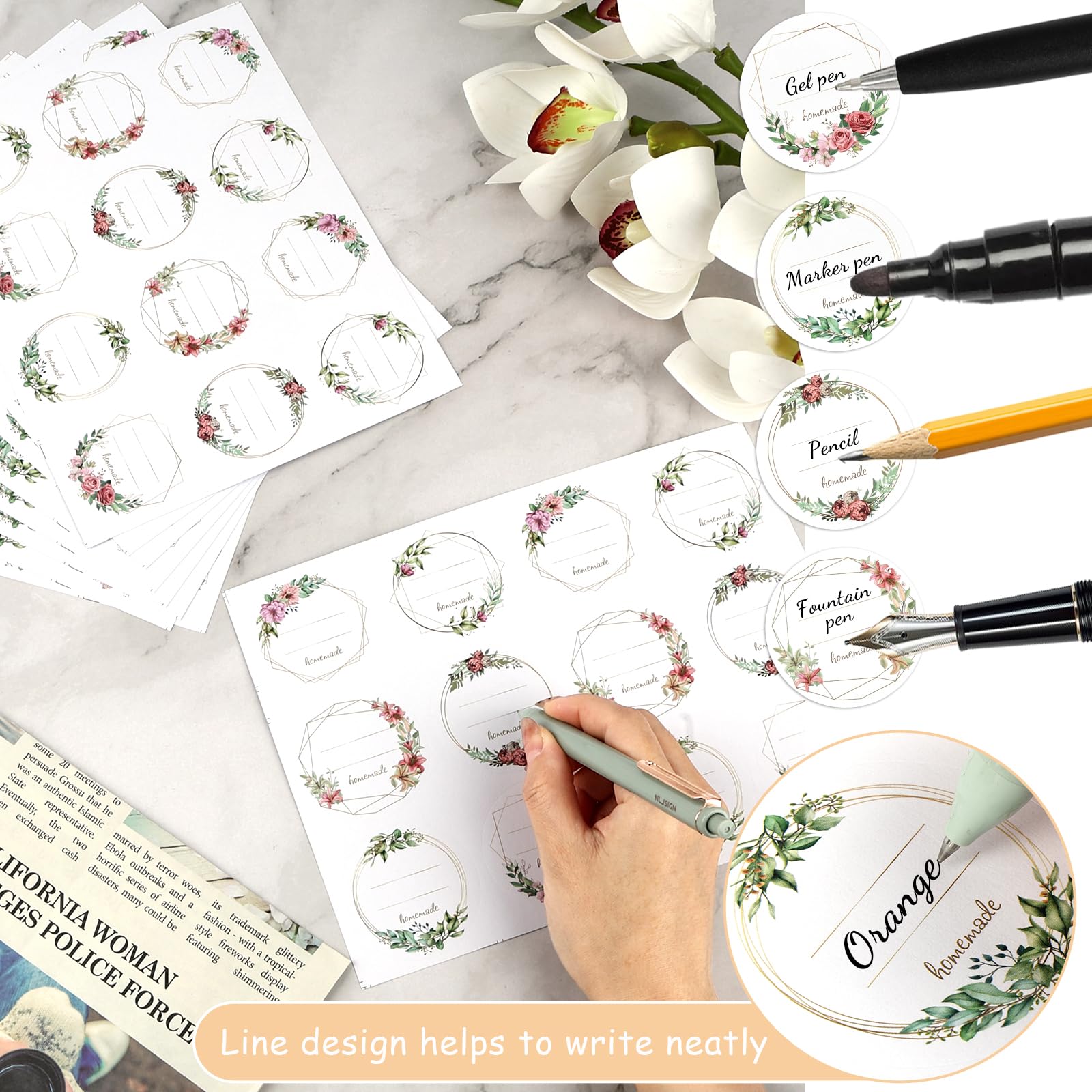 Marmeladenetiketten, 240 Stück Selbstklebend Klebeetiketten zum Beschriften | 5cm Floral Runde Aufkleber zum Beschriften von Gläsern, Flaschen und Backwaren, Küche Klebeetiketten