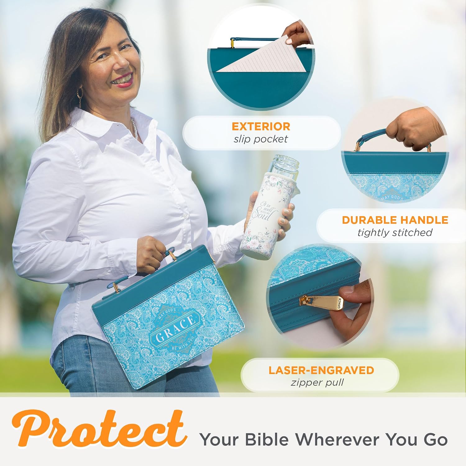 Christian Art Gifts Teal Vegan Leather Fashion Bible Cover for Women: God's Grace Be with You - Inspirational Book Carry Case w/Cute Paisley Pattern, Silver Zipper, Pockets & Pen Storage, Medium