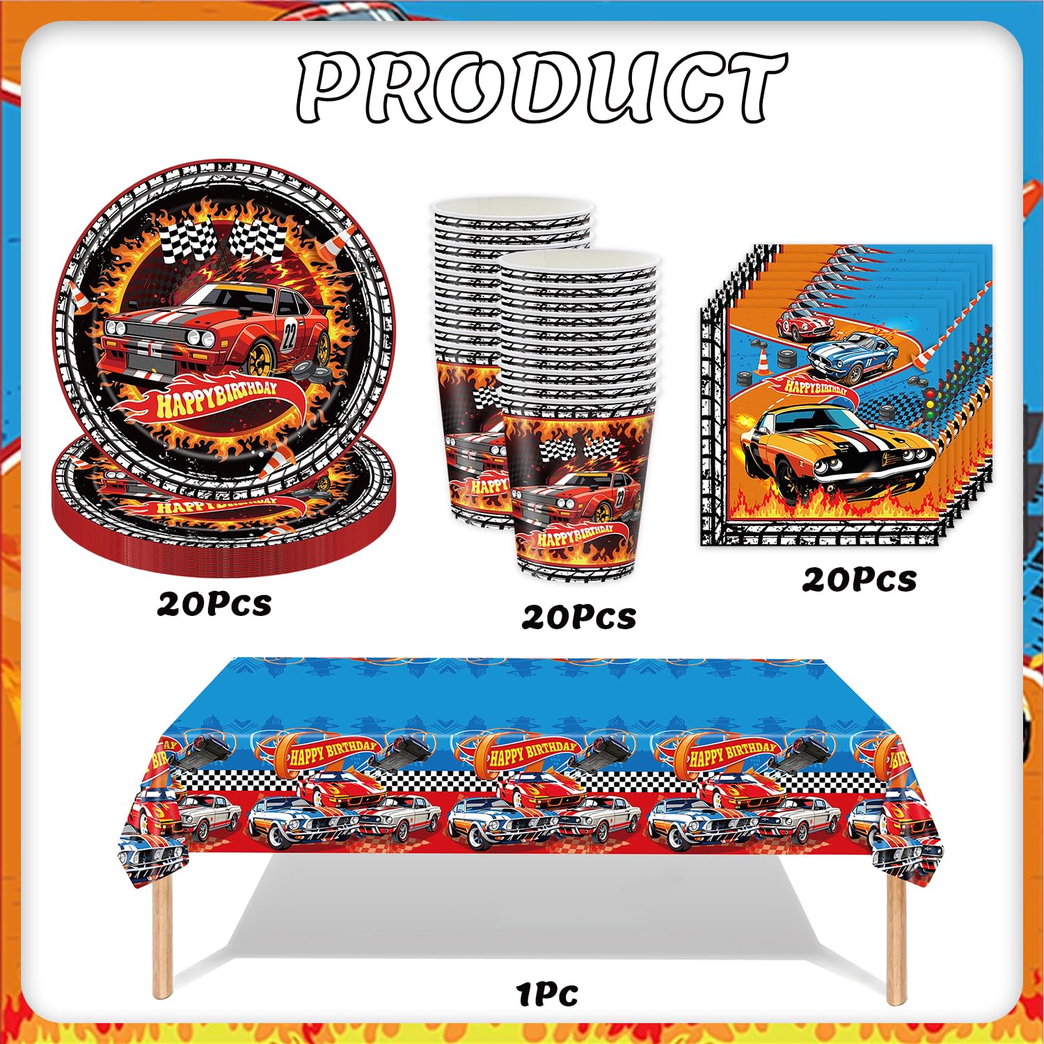 Racing Party cutlery set, 61Stk racing party decoration, dibujos animados temáticos cutlery including plates, tazas, tissues, tablecloths, decoraciones de cumpleaños para niños