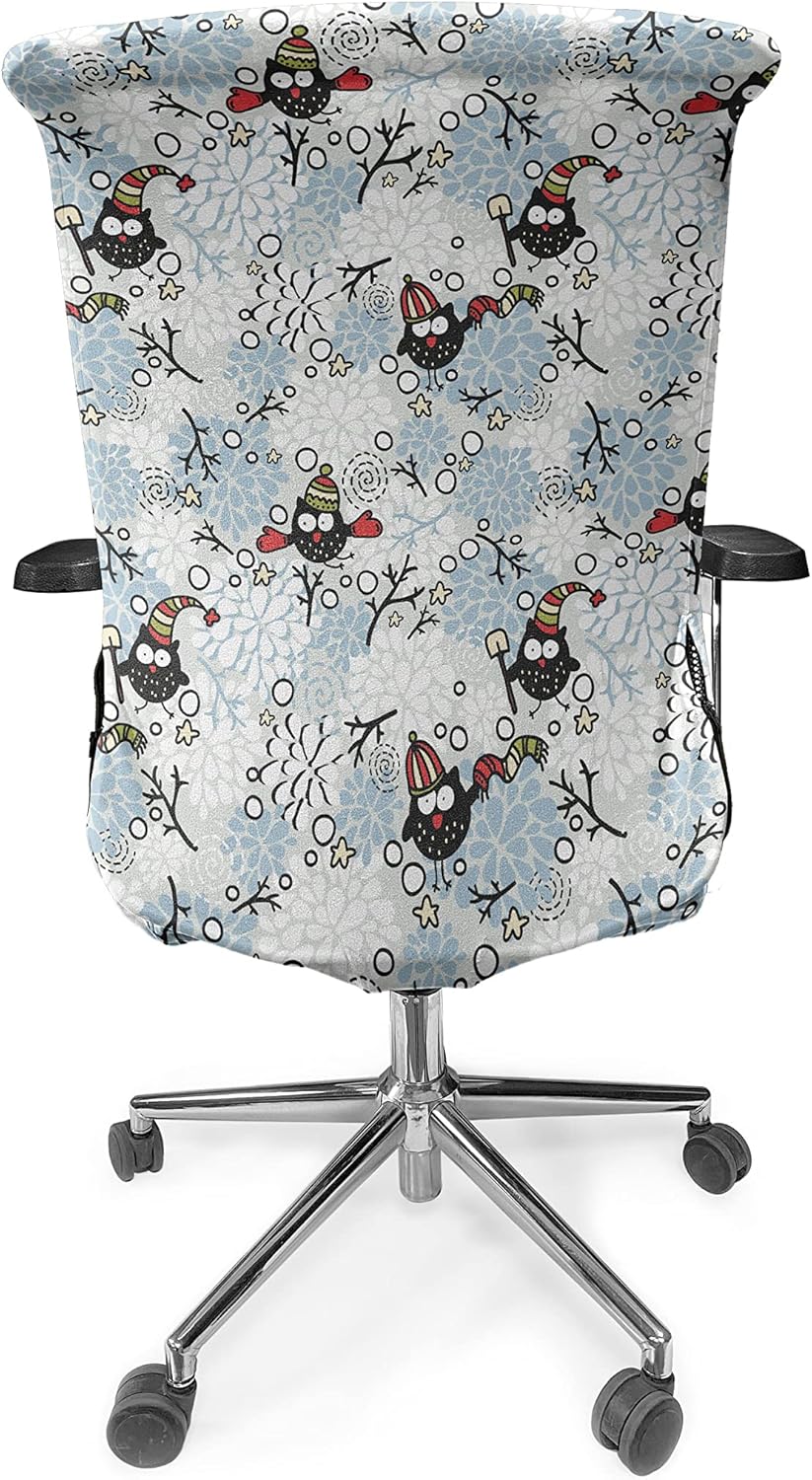 Ambesonne Owls Office Chair Cover, Wintertime Pattern with Characters and Snow Flowers Stars Doodle Style Xmas Theme, Stretchable Decorative Universal Size High Back Printed Slipcover, White Sky Blue
