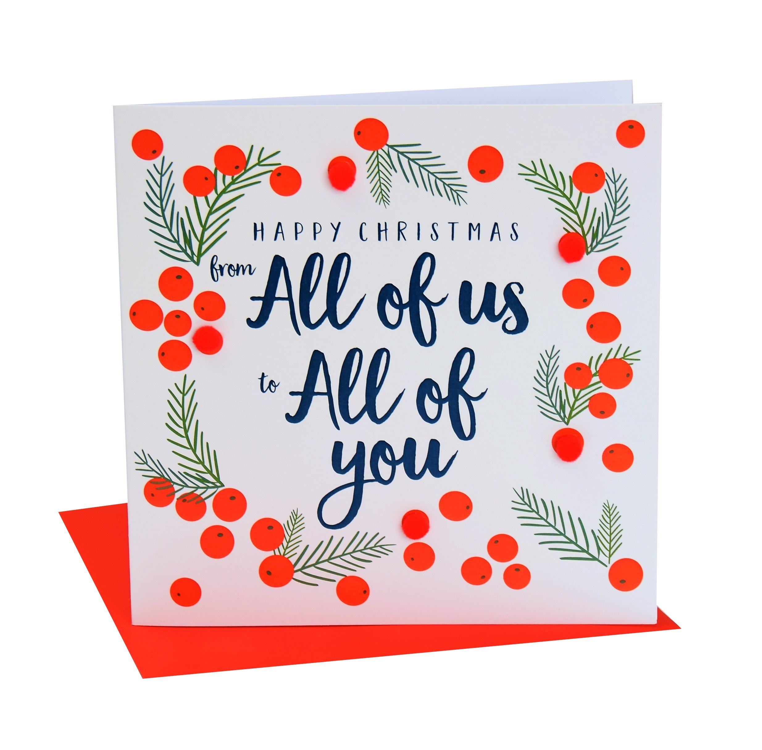 Claire Giles Greeting Cards, Happy Christmas Card from All of us to All of You, Berries Design Xmas Card, Embellished with Colourful Pompoms