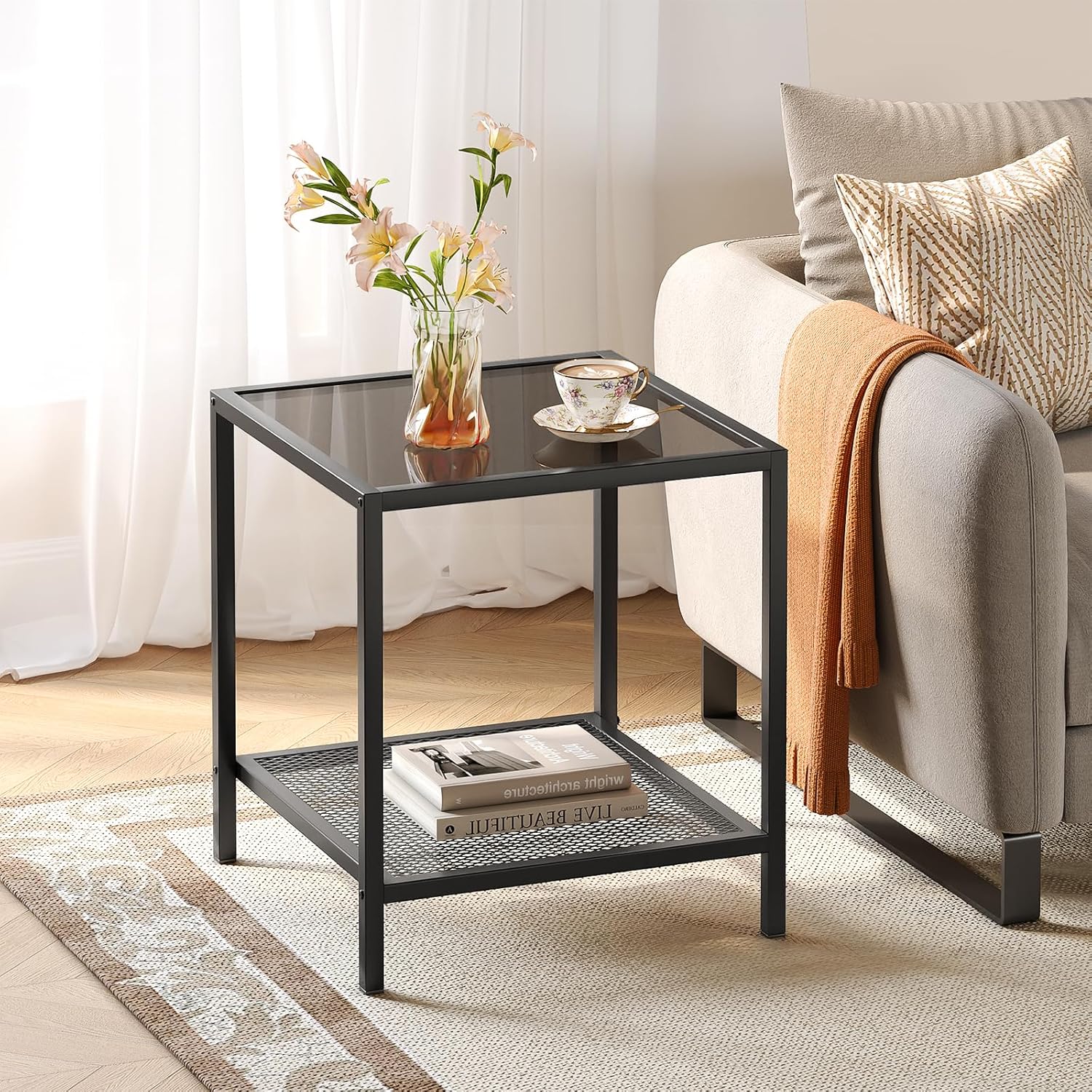 Amazon.com: SAYGOER Black Side Table Small Glass End Table 2-Tier ...