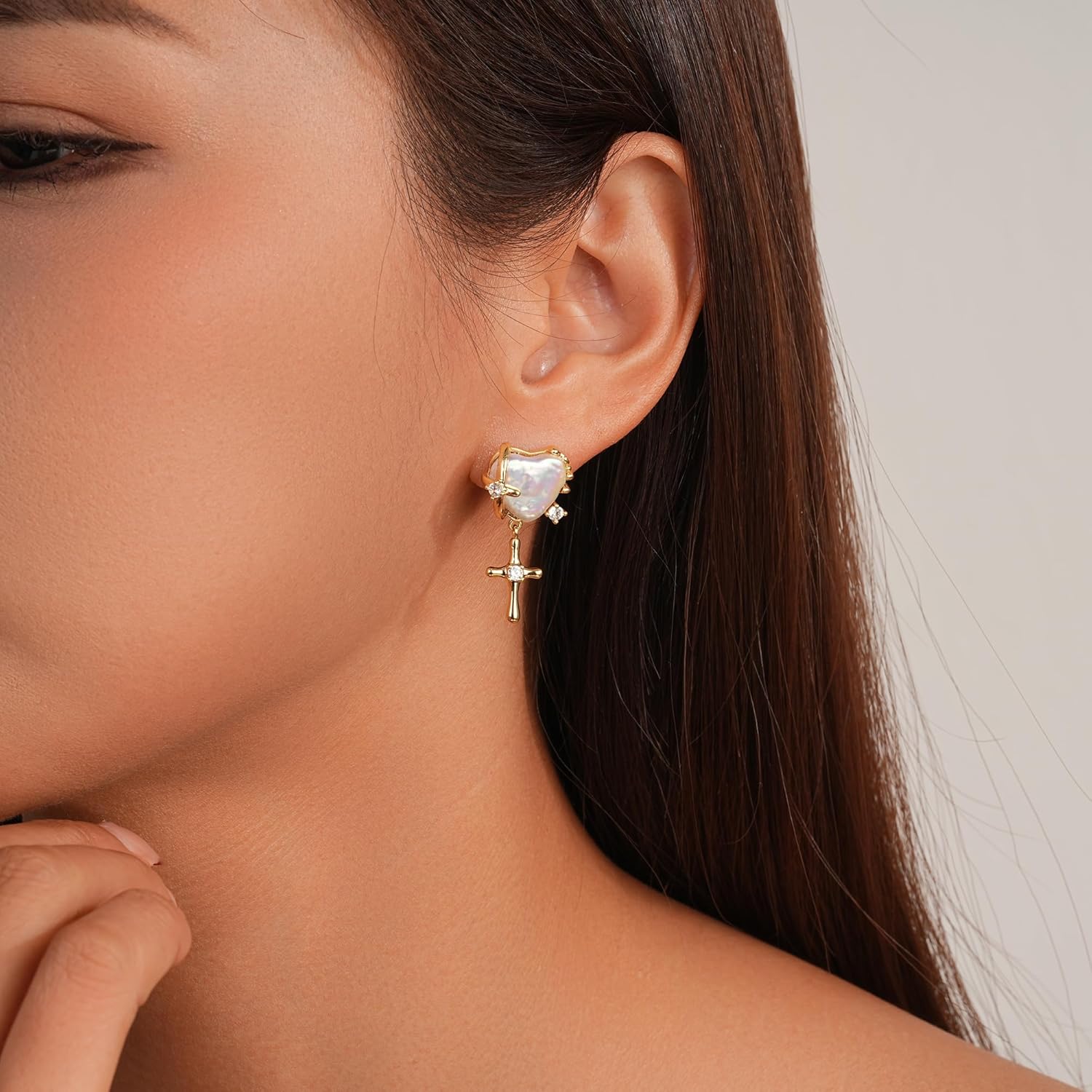 SIXFOX Pearl Dangle Earrings For Women 14K Gold Plated Dainty Cross Drop Earrings Hypoallergenic Lightweight Trendy Jewelry Gifts For Her