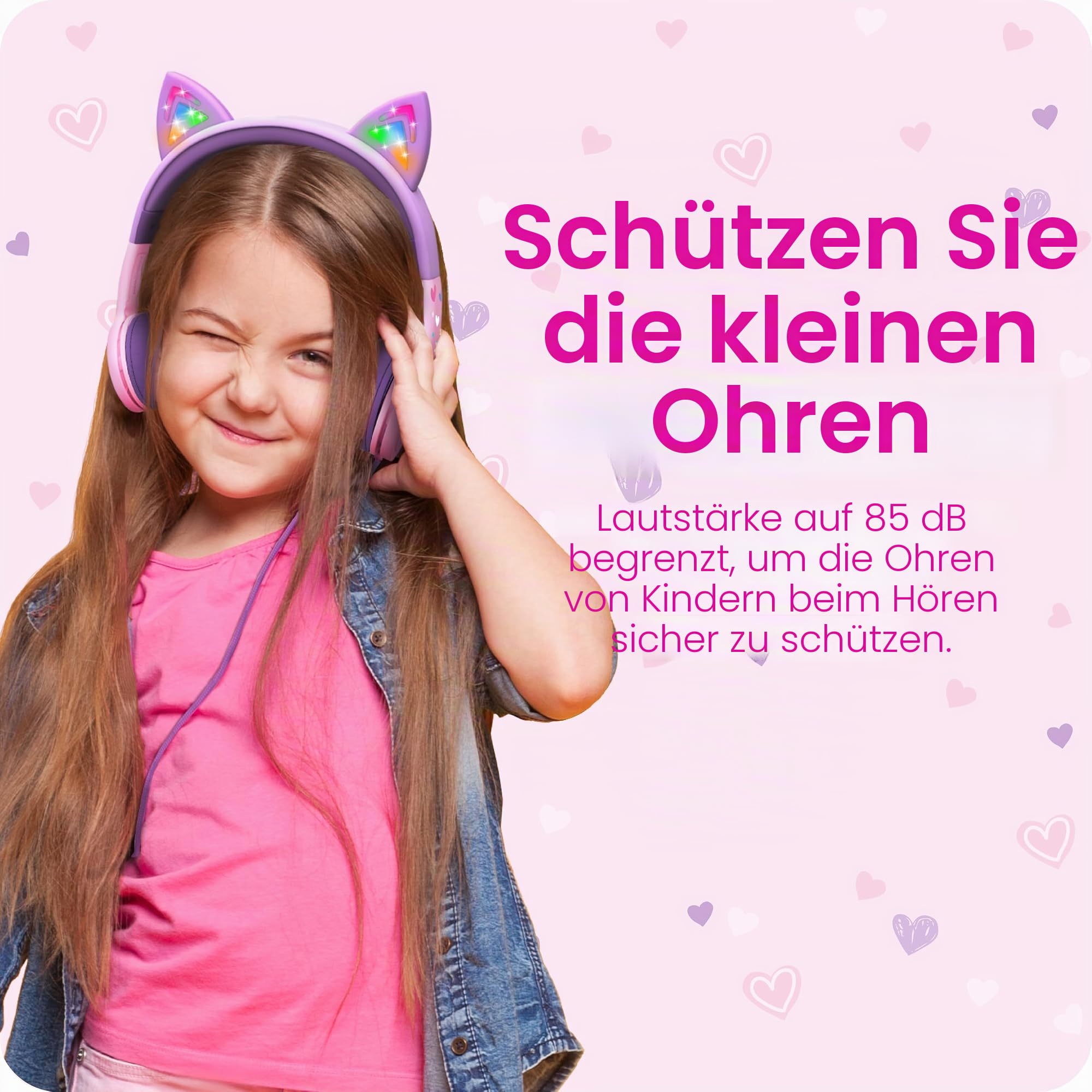 FosPower Bedrade 3.5mm Kinderkopfhörer mit LED Katzenohren - Babyblau | Kompatibel mit iPad und Tablet. On-Ear Kopfhörer mit Trasselfri Kabel und 85dB Volymbegränsning für Schule, Rosa Lavendel