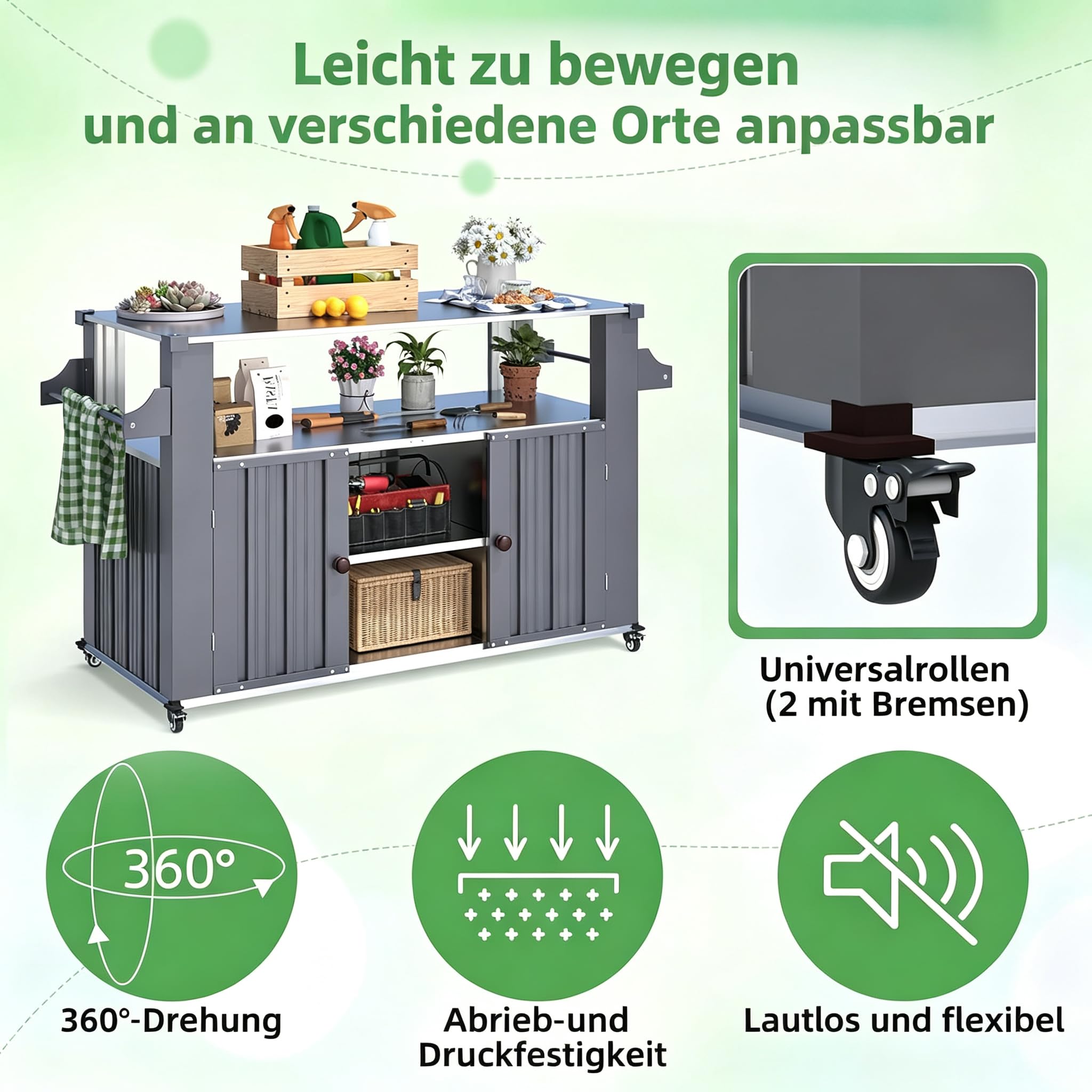YODOLLA Outdoor Kücheninsel mit Rollen, Grillwagen mit Schrank, Grau