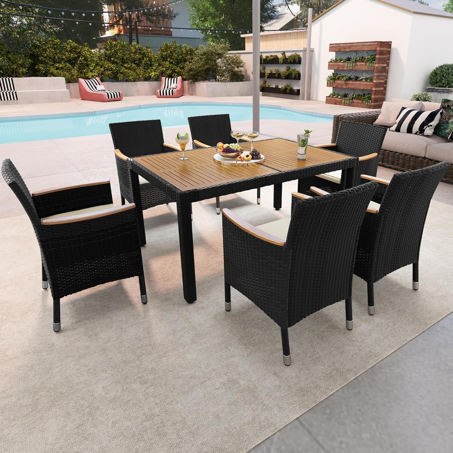 7 Piece Patio Furniture Set Outdoor Dining Wood Table Top Rattan Conversation Sets with Soft Cushions 6 Chairs 1 Table for Backyard Deck Garden Yard