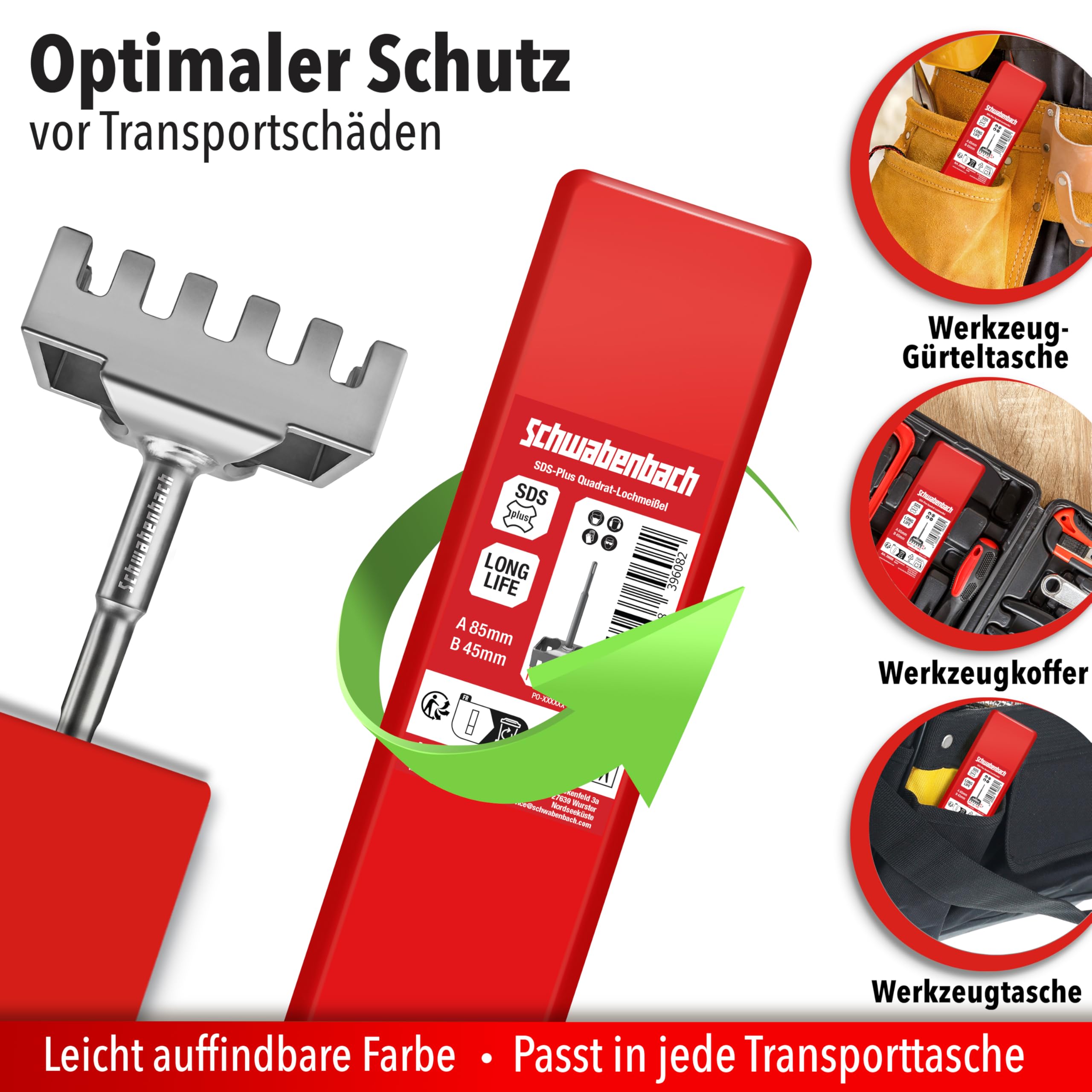 SCHWABENBACH® SDS Plus dłuto otworowe 85 x 45 mm do puszek podtynkowych – alternatywa dla wiertła do puszek / pogłębiacza puszek – dłuto kwadratowe otworowe do młotowiertarki – otwornica do gniazdka