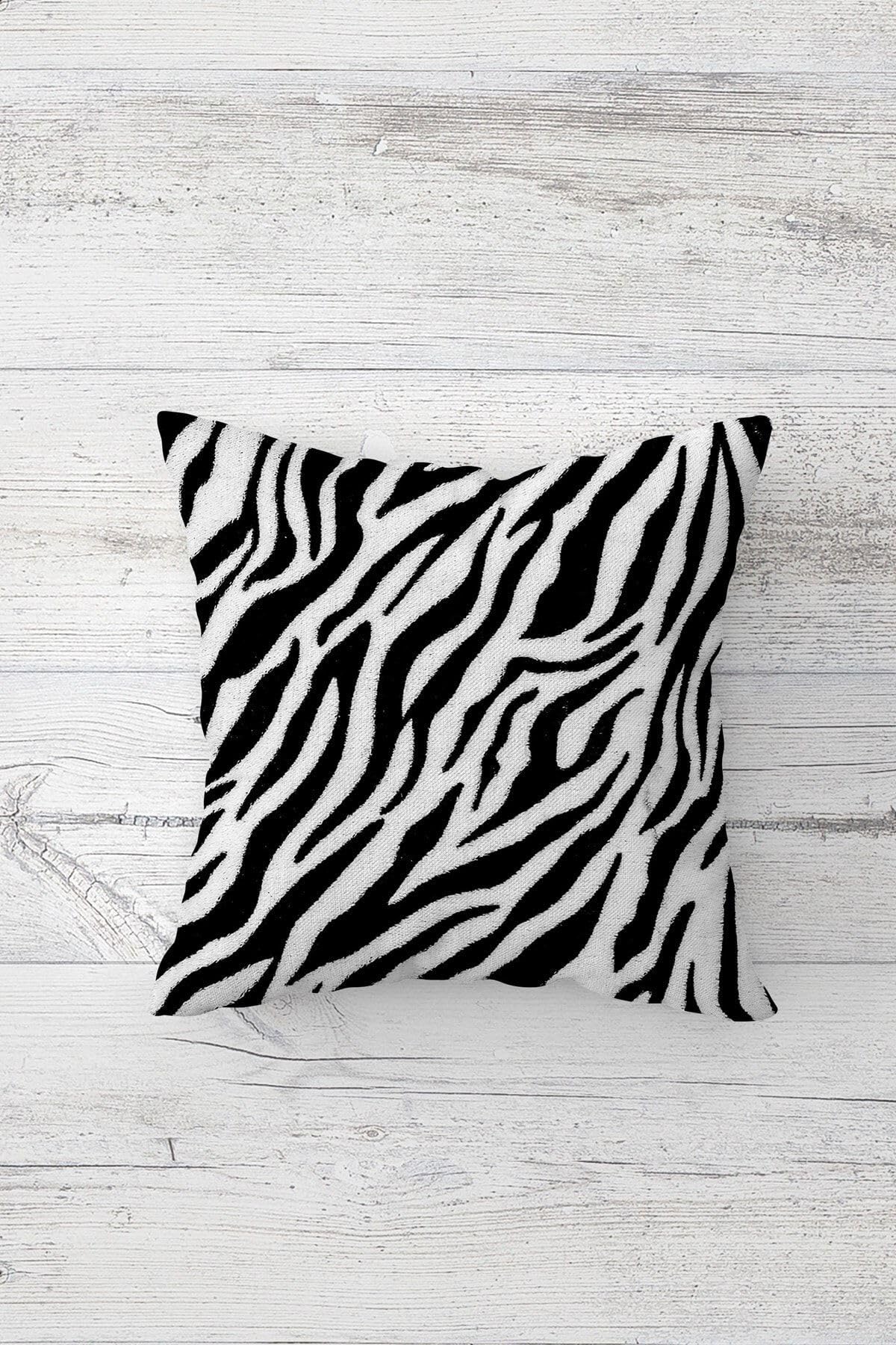 Pelangi Zebra Ve Zebra Çizgili Kombin Gizli Fermuarlı Kırlent Kılıfı Koltuk Yastık Kılıfı Takım(4adet), Siyah-Beyaz 45 x 45