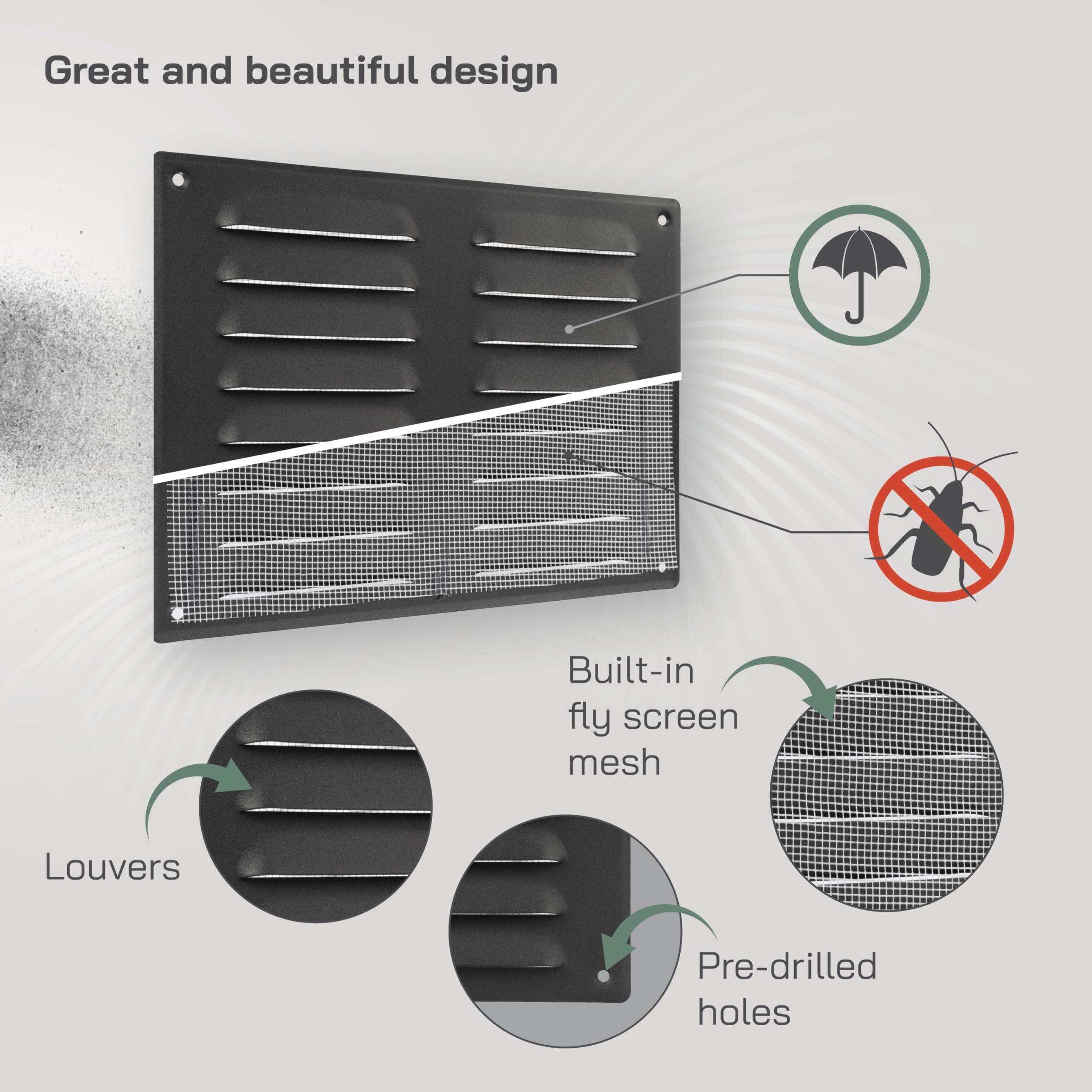 Vent Systems 260 x 190 mm / 10" x 8" Inch Anthracite Metal Vent Cover, Air Return Louvre Grill with Protective Mesh Screen - Image 3