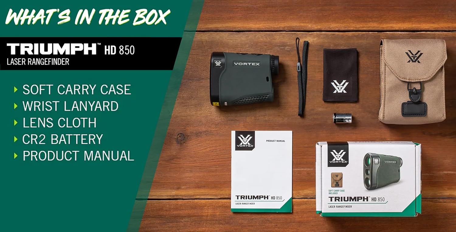 Contents of the Vortex Triumph HD 850 box including rangefinder, case, lanyard, lens cloth, and battery