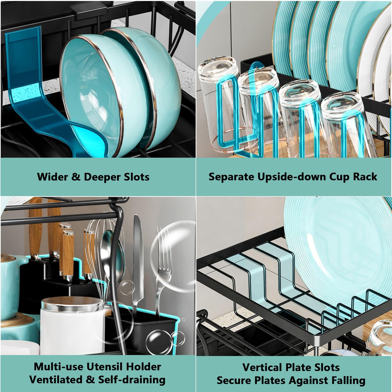Escurridor de Platos de Dos Niveles con Bandeja y Boquilla giratoria, Porta Cubiertos Desmontable y Organizador de Vasos, para Platos, Cuencos, Vasos y Cubiertos,Negro