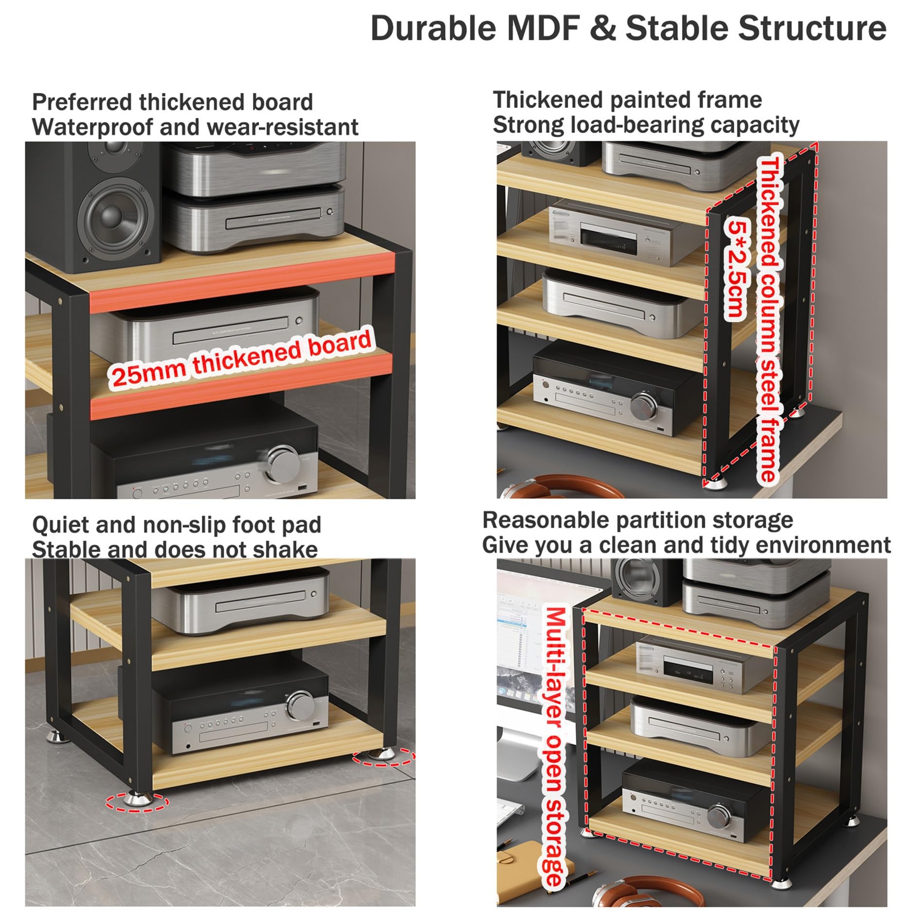 Mueble Equipo Hifi,Soporte Altavoz de 3/4 Niveles,Mueble Tocadiscos,Soporte Multimedia de Madera y Metal,Estante de Audio,Mueble de TV,Estantes y Soportes de alta Fidelidad,para Hogar Familia(Black+Te