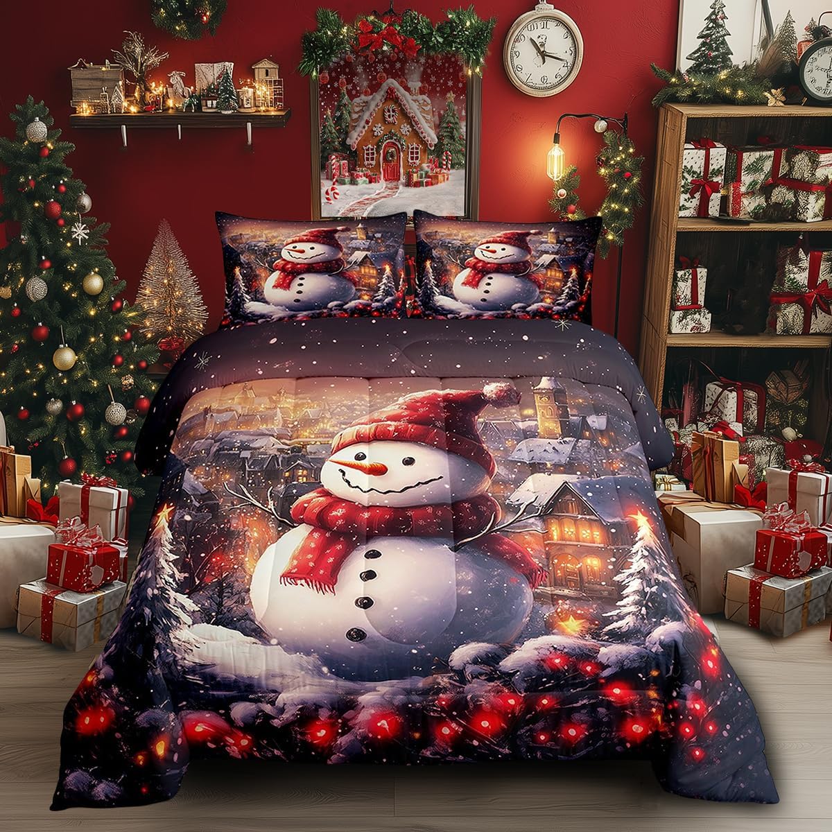 Watercolor Snowman Comforter Set Queen Size Rustic Wooden Farmhouse Cabin Bedding Set Bedroom Decor Christmas Quilt Set Comfortable Breathable Brown Jungle Trees Duvet Insert 3Pcs