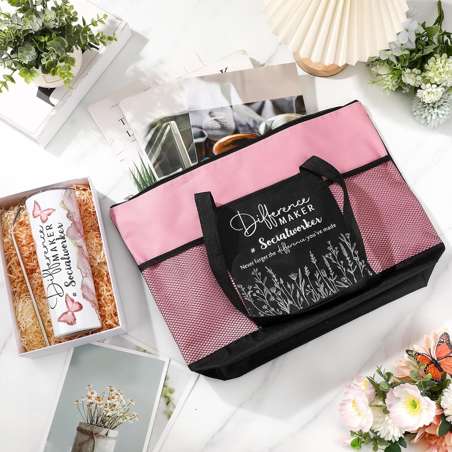 Sieral Galentines Valentines Social Worker Appreciation Gifts Set for Women – Difference Maker Tote Bag & Tumbler 20 oz Thank You Gifts for Employee Coworker School Staff(Pink) - Image 7