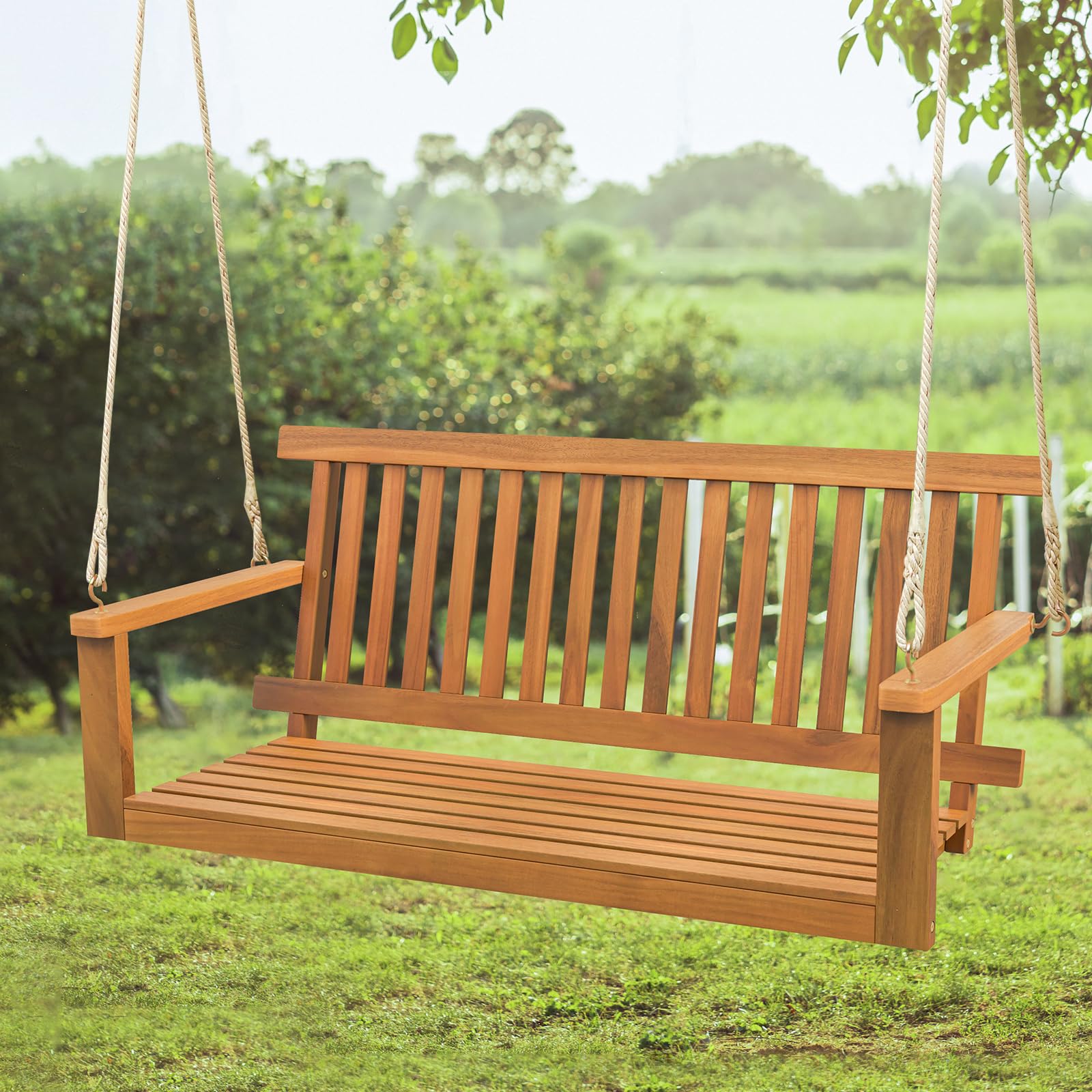 GIANTEX Hängebank Schaukel 2-Sitzer, Schaukelbank Outdoor, Hollywoodschaukel aus Massiv Akazienholz, Veranda-Schaukel Gartenschaukel zum Aufhängen 130 x 63 x 57 cm, Hängeschaukel bis 360 kg belastbar