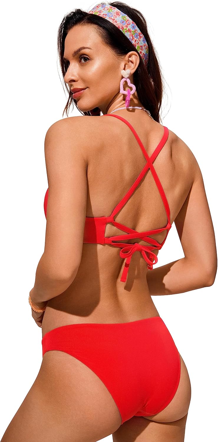 CRZ YOGA Tie Back Bikini Tops for Women - Padded Lace Up V Neck Swim Bathing Suit Bra - Image 2