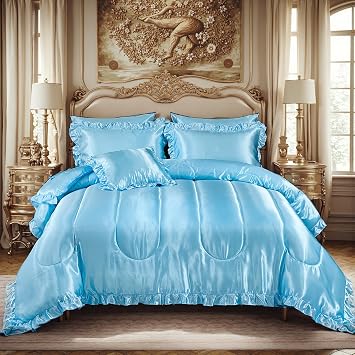Silky Comforter Set with Sheet Set Queen 8 Pcs Baby Blue Bed in a Bag Light Blue Bedding Set Silk Like Satin Ruffle Pattern Home Deocr Sexy Hotel Silky Bed Set with 1 Cushion Cover