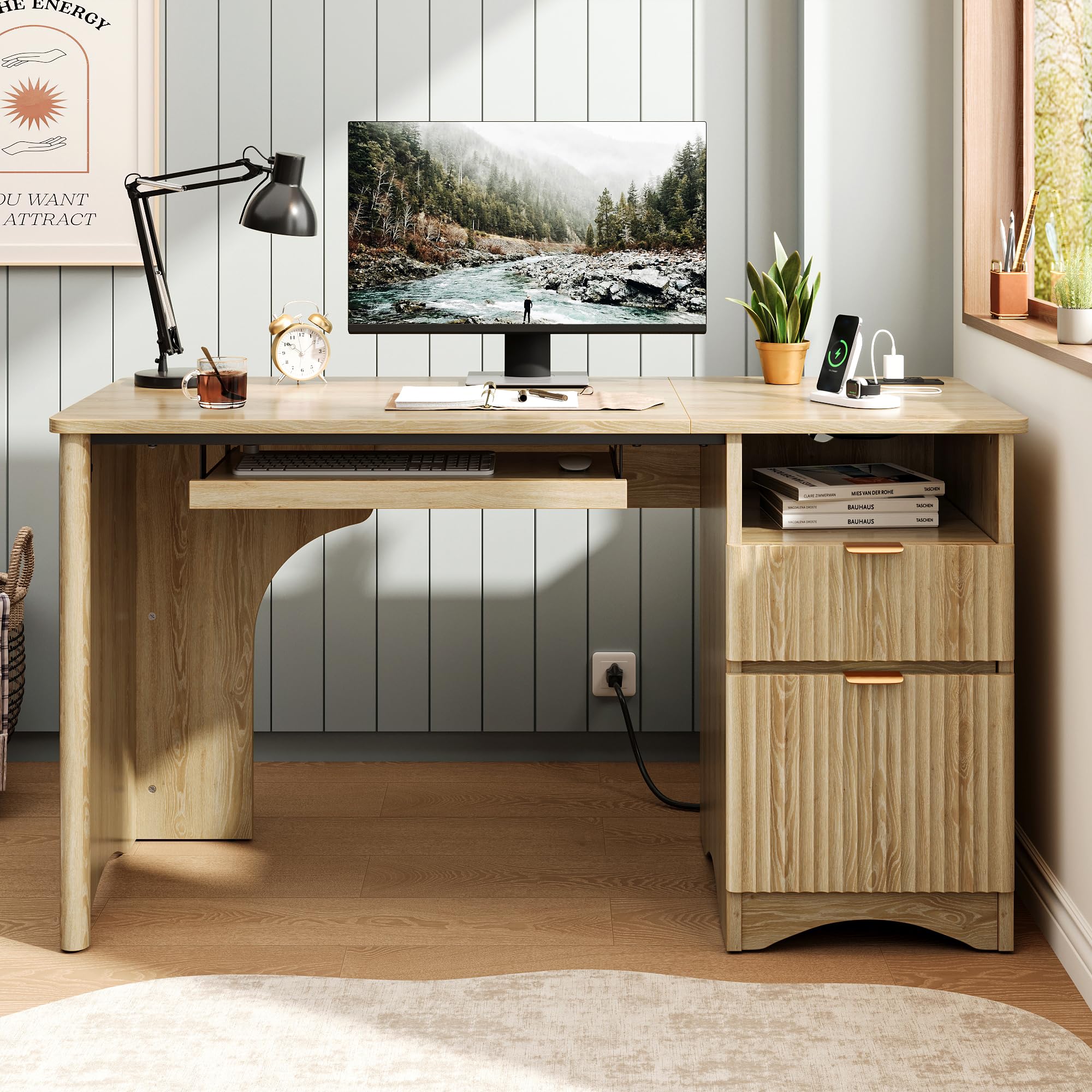 Bestier Computer Desk with Drawer, 55 inch Office Desk with Power Outlet, Modern Home Office Desk with Keyboard Tray (Natual Oak, 55" W with Single-Sided Drawers) 55"W with Single-Sided Draw