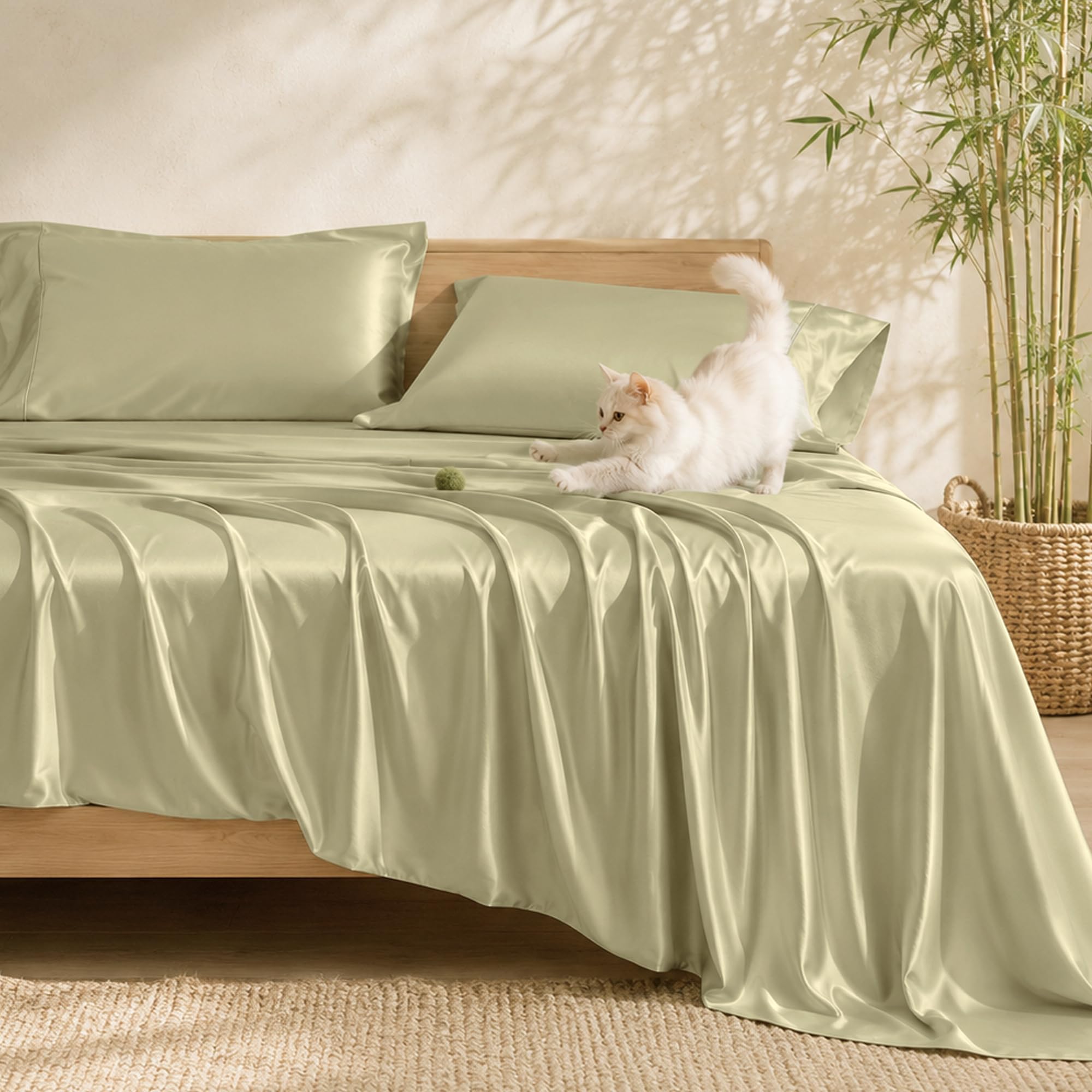 Wonderful Rayon Derived from Bamboo Sheet Set Queen Size - Cooling Bed Sheets for Hot Sleepers, Purewoven Silky Soft & Breathable 4pc Bedding 15" Deep Pocket, Sage Green