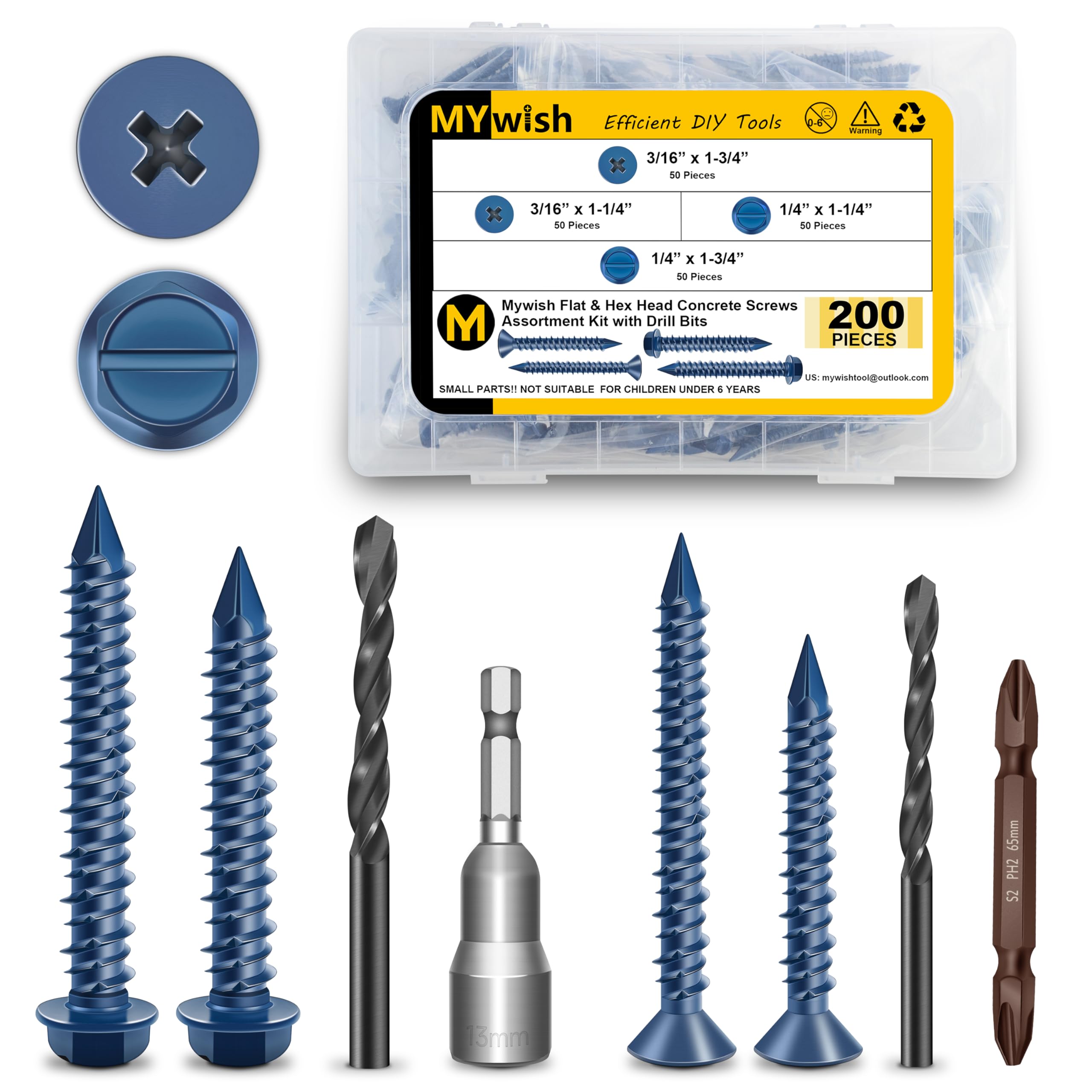 Concrete Screws with Drill Bits 200Pcs Concrete Screws Assortment Kit 1/4 3/16, Flat Pillips & Hex Head Masonry Screws, Block Brick Cement Screws and Anchors, Self Tapping by Mywish
