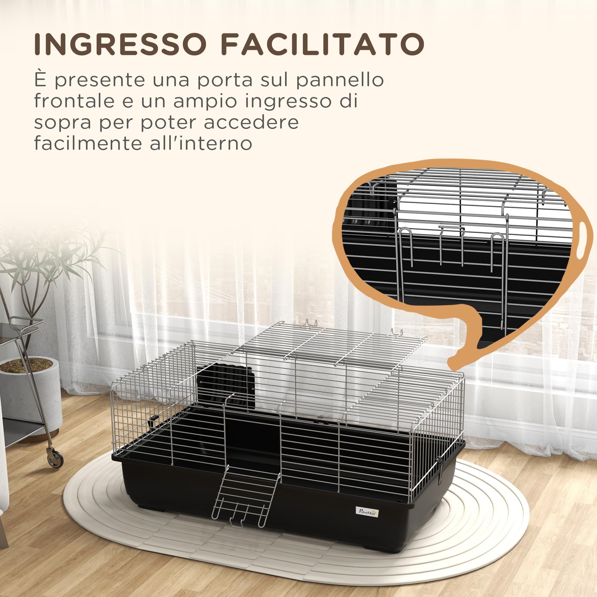 PawHut Gabbia per Conigli a 2 Aperture con Vassoio Rimovibile, Conigliera Gabbia per Roditori in Metallo e Plastica PP, 100x55x41 cm, Nero e Argento