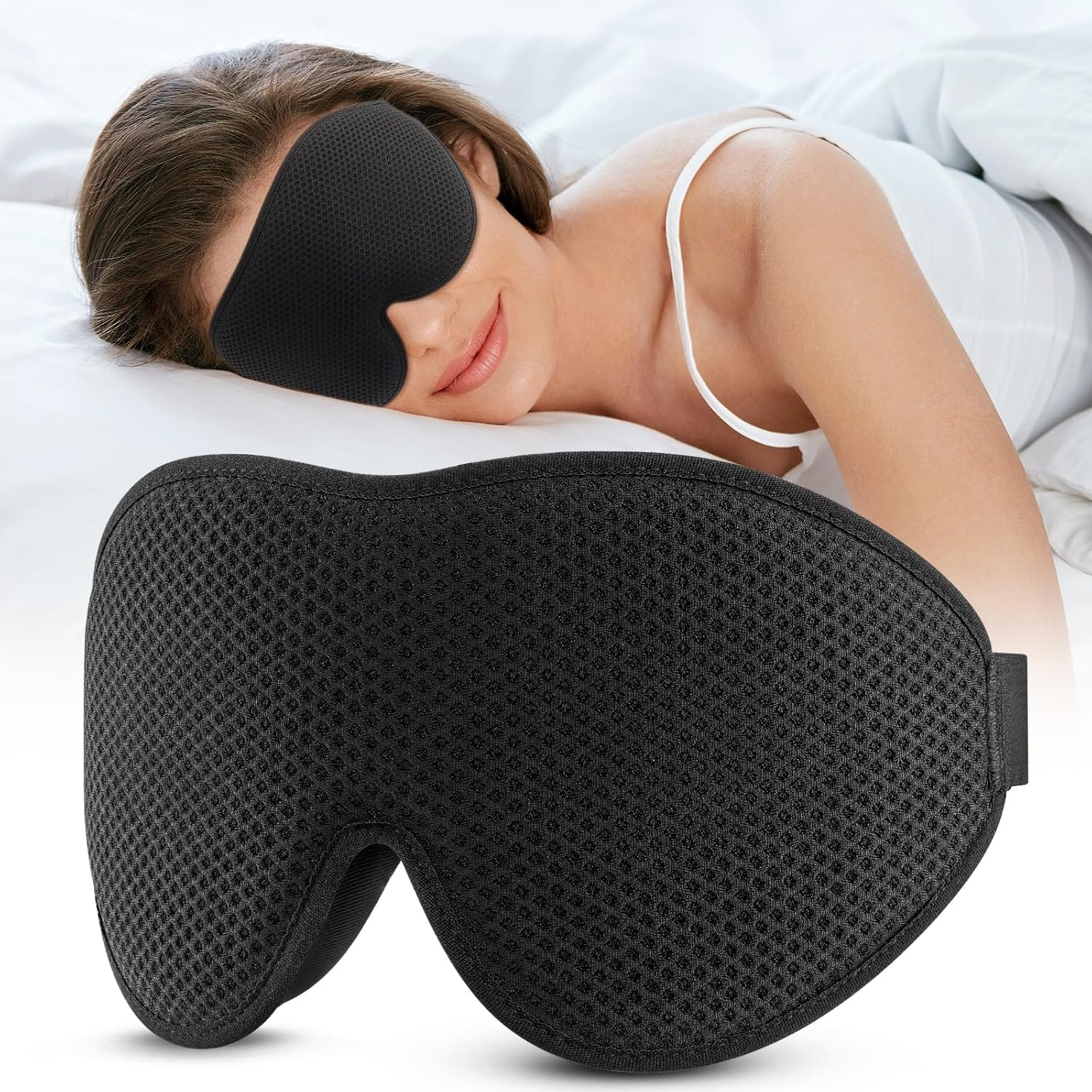 OnaEz Side Sleep Mask for Men and Women, Modified 3D Mesh, Breathable Comfortable Eye Mask, 13 mm Eye Sockets, Nose Pads, 100% Light Blocking Sleeping Glasses for Travel and Yoga