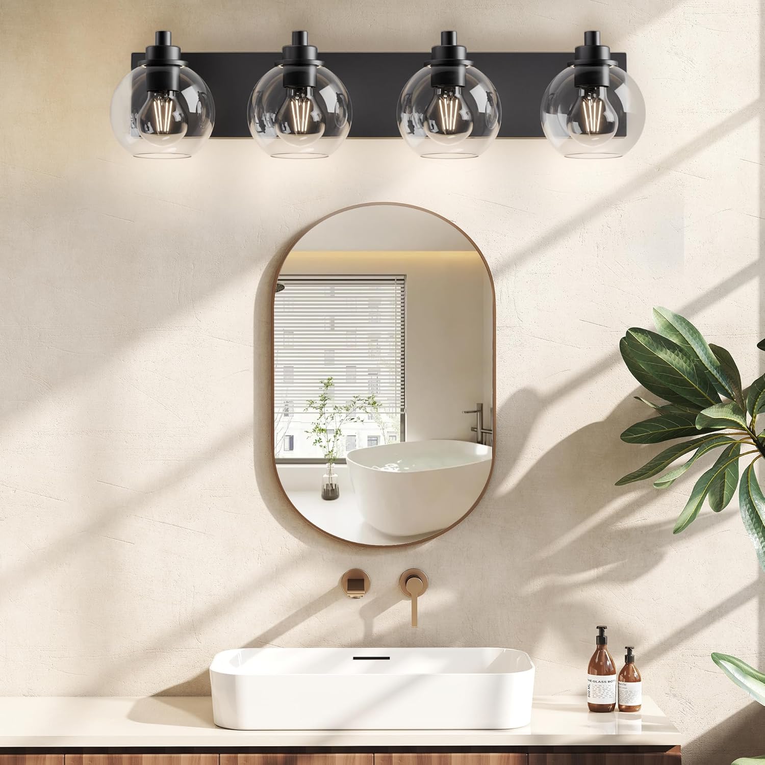 Espird Bathroom Light Fixtures-Matte Black Vanity Lights for Bathroom, Modern Black Vanity Lights 4-Light Bathrooms Lighting Fixtures Over Mirror with Clear Glass Shade