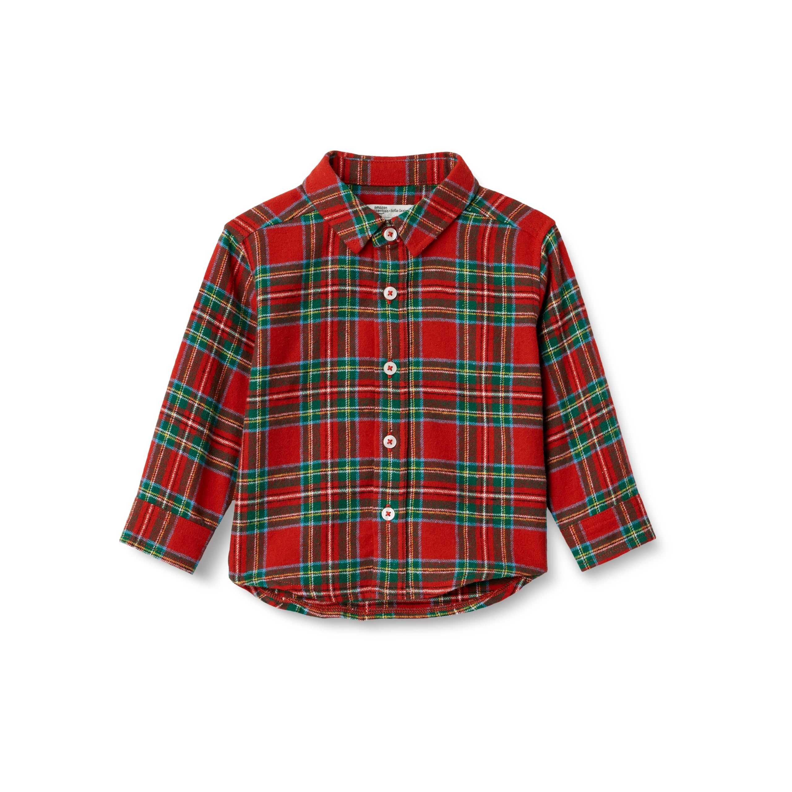 Amazon Essentials x Sofia Grainge Baby Boys' Button Down Plaid Flannel Shirt, Cherry Red Festive Plaid, 24 Months