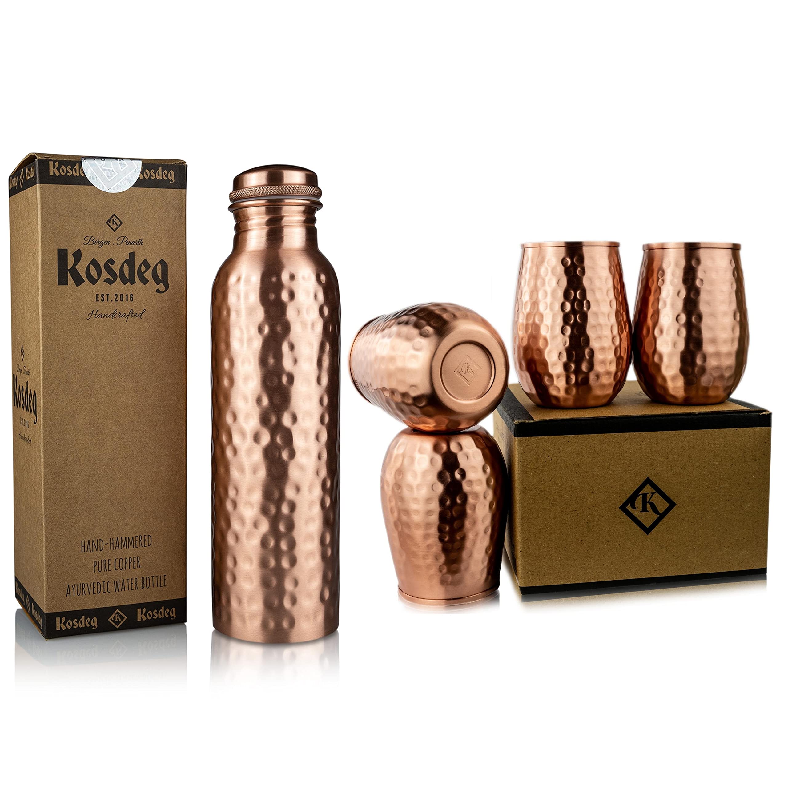 Kosdeg Copper Water Bottle - 34 Oz and Cup 12 oz - A Hammered Ayurvedic Pure Copper Vessels For Drinking - Drink More Water, Lower Your Sugar Intake And Enjoy The Health Benefits Immediately