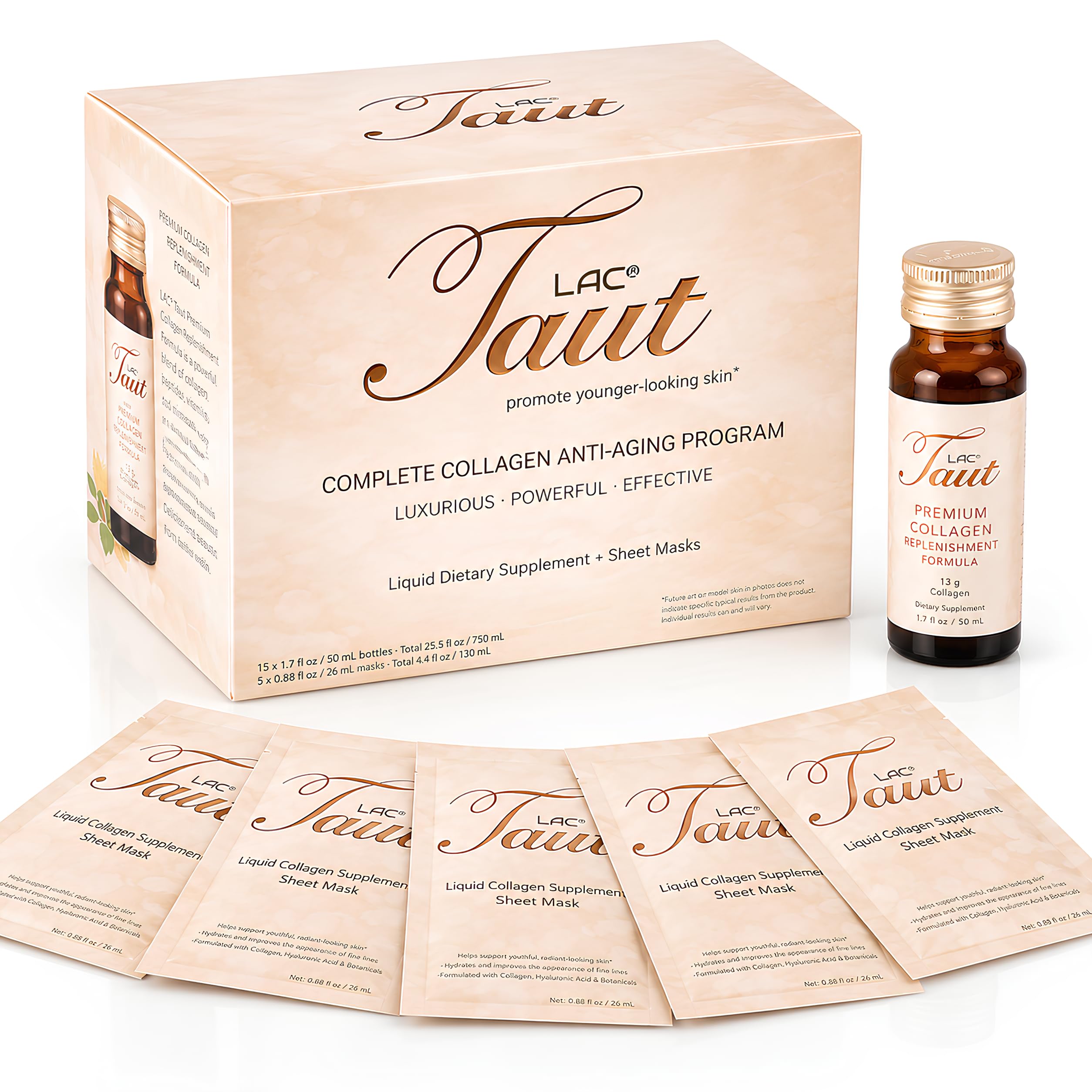 TAUT Marine Collagen Drink & Face Mask – 13,000mg Hydrolyzed Collagen Protein with Hyaluronic Acid for Youthful, Radiant Skin – Includes 15 Bottles and 5 Masks (30-Day Supply) : Health & Household